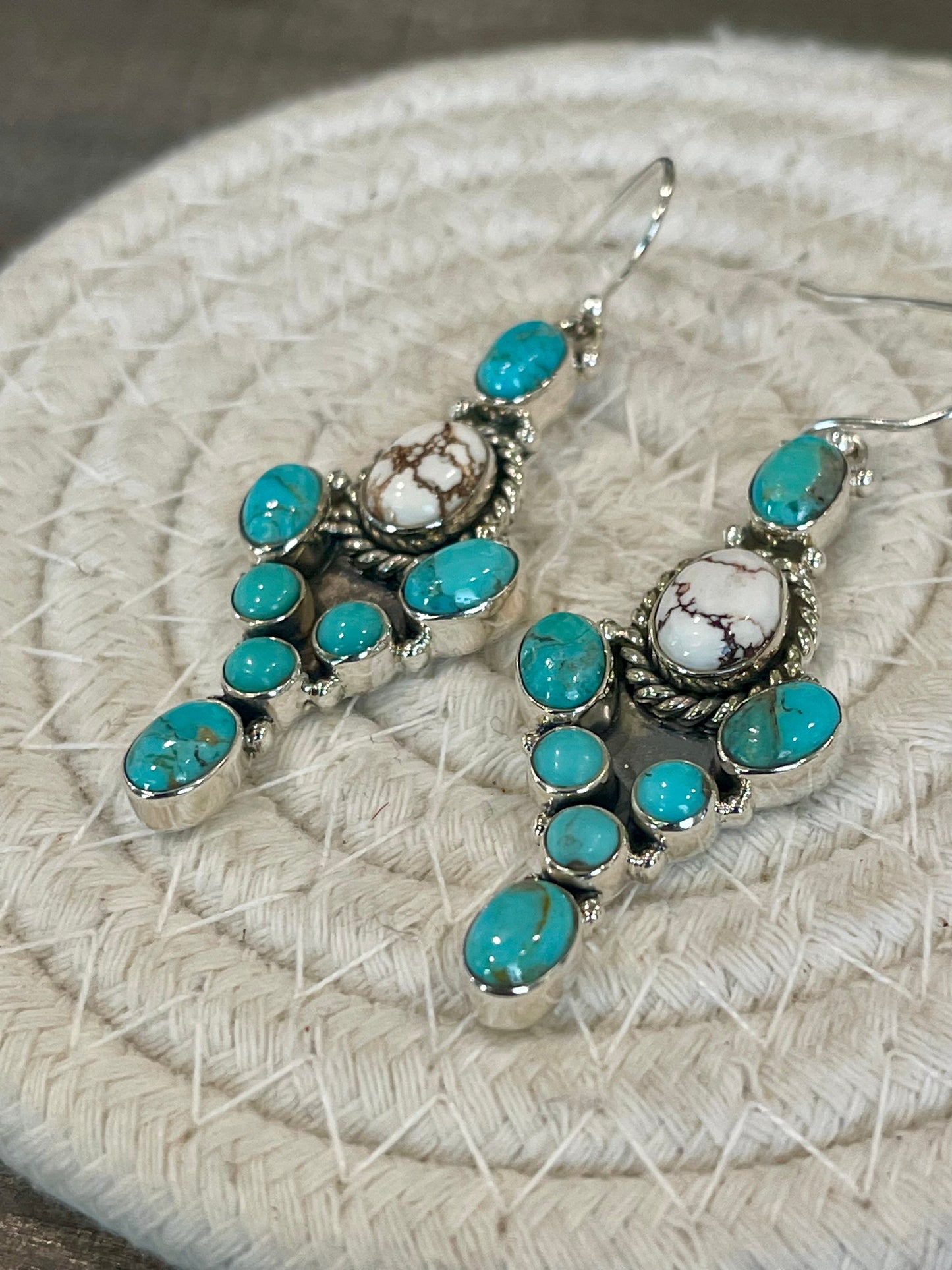 Handmade Turquoise, Wild Horse And Sterling Silver Cluster Dangle Earrings
