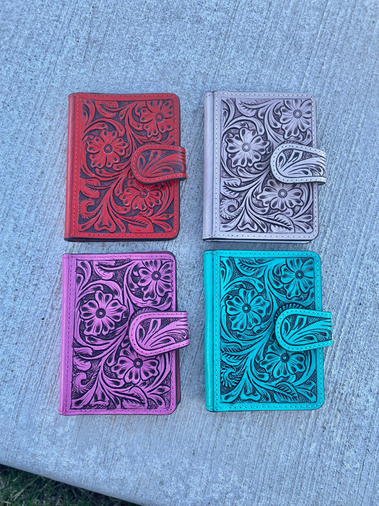 Pink Floral Tooled Leather Passport Cover