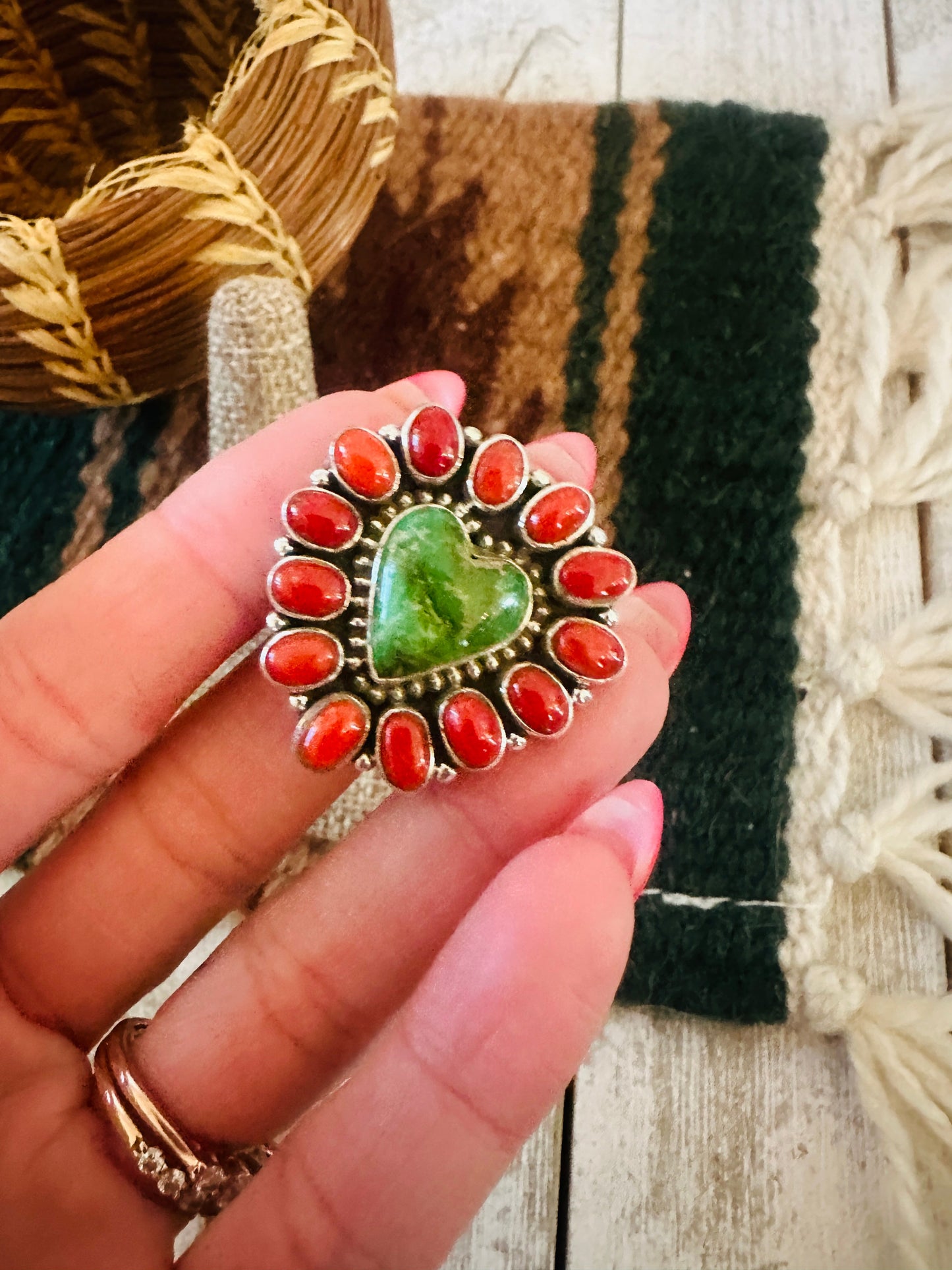 ** Christmas Collection ** Handmade Sterling Silver, Turquoise & Coral Adjustable Ring Signed Nizhoni