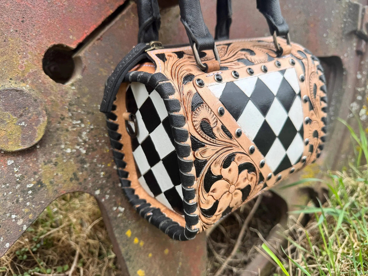 Luxe Tooled Leather Starry Night Rhinestone Stud Checkered Speedy Bag
