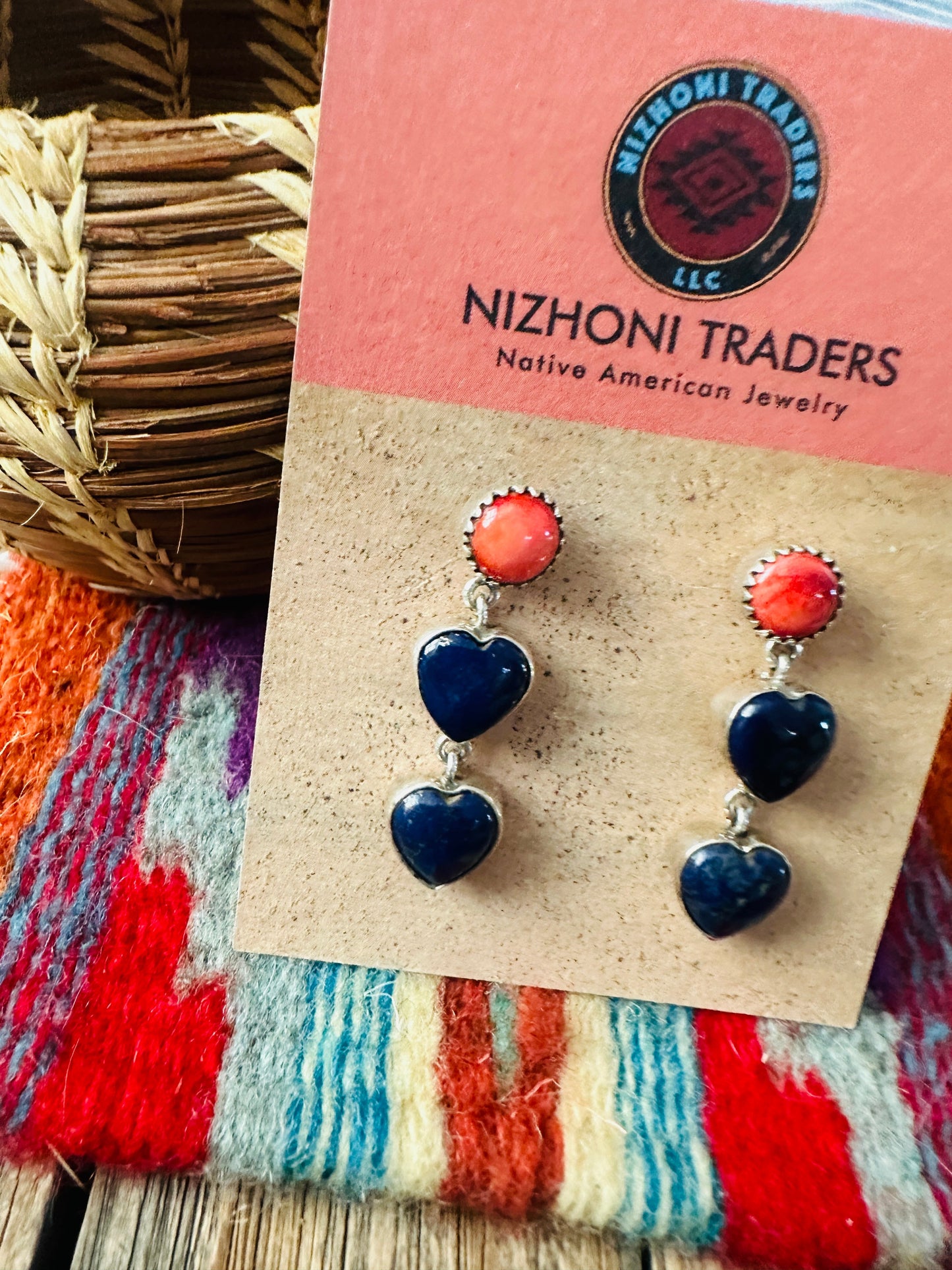 Handcrafted Lapis, Spiny & Sterling Silver Heart Dangle Earrings