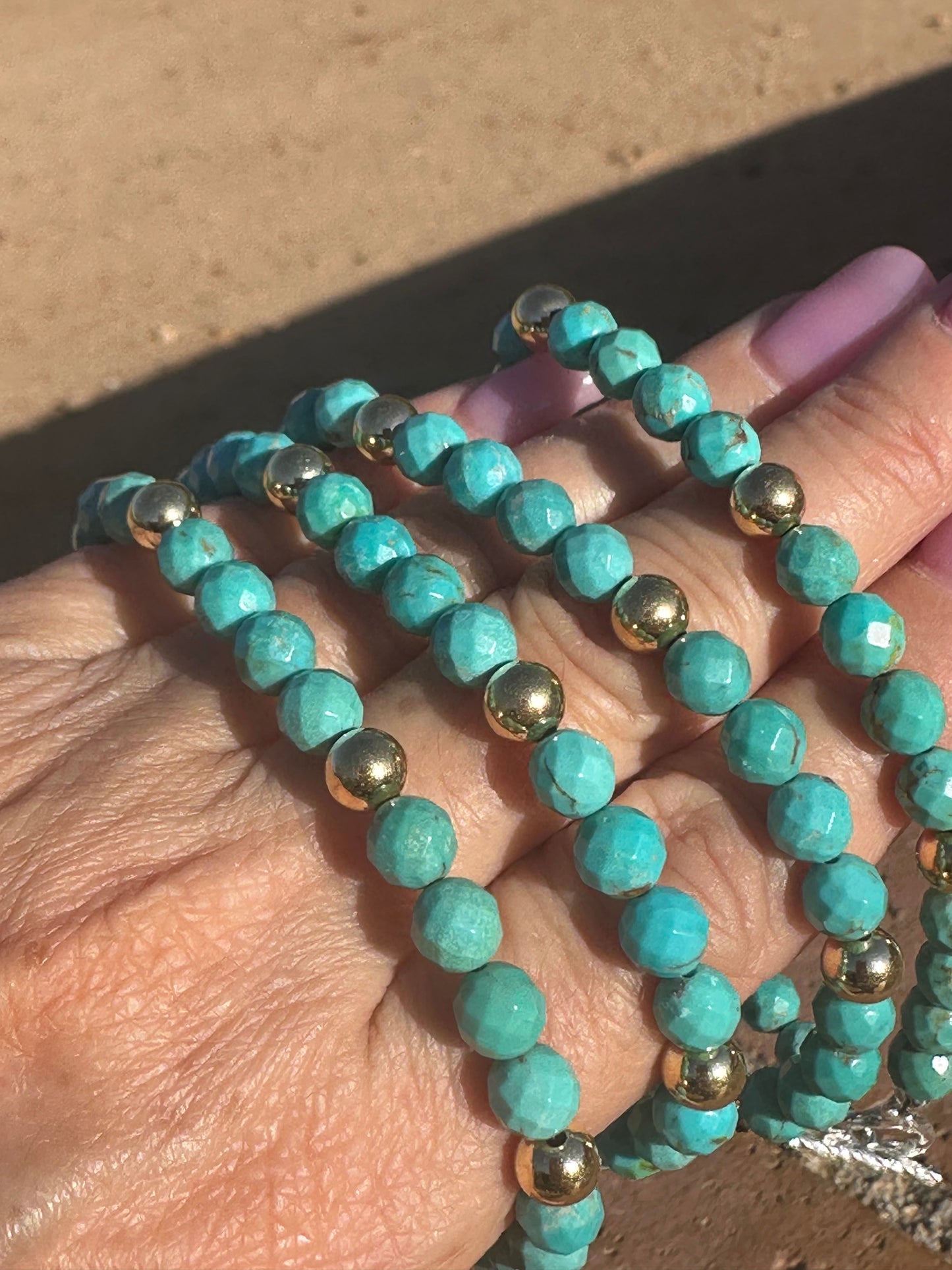 Handcrafted Sterling Silver with 14kt Gold Overlay Kingman Turquoise Beaded Bracelet