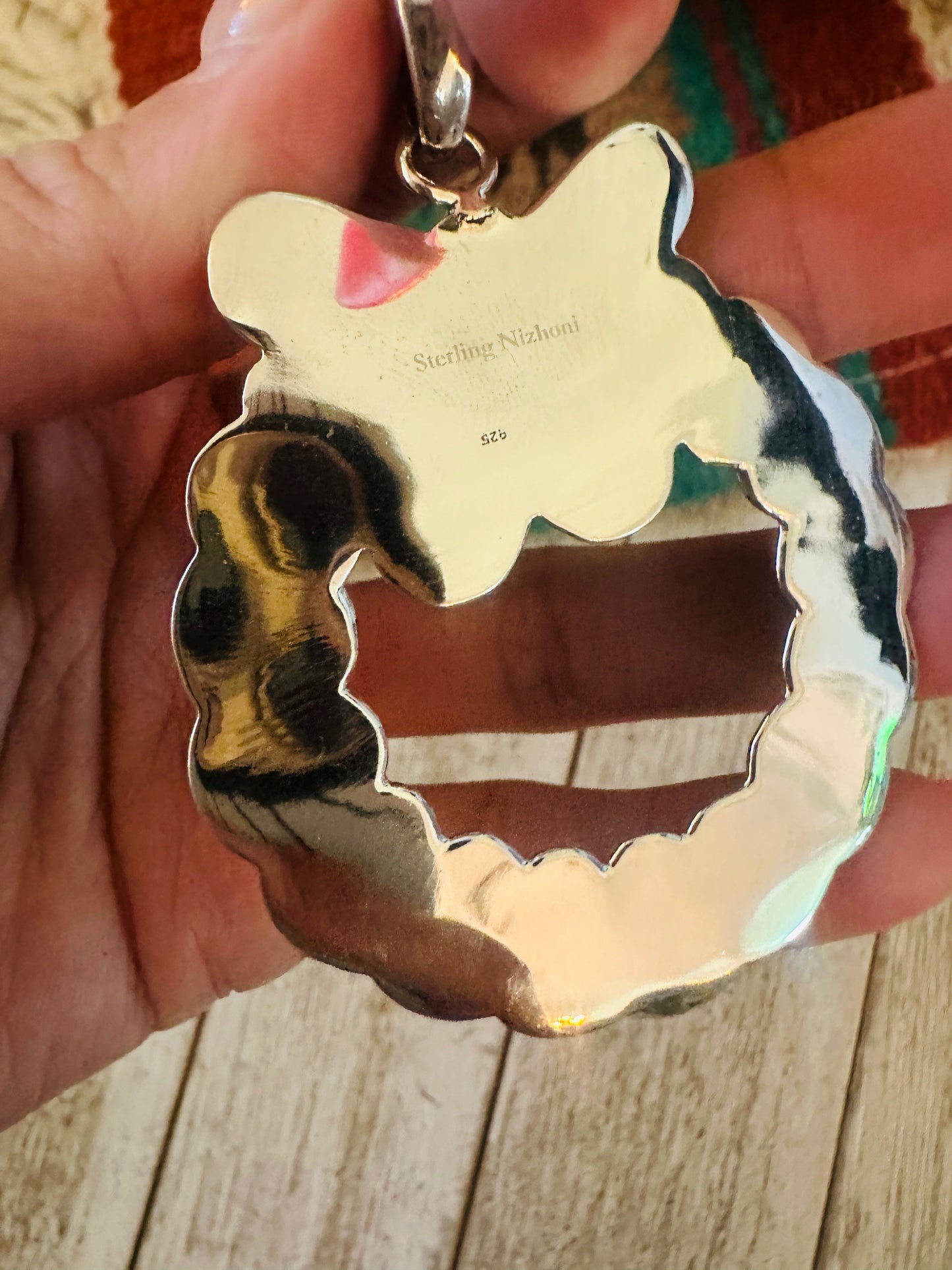 ** Christmas Collection ** Handmade Sterling Silver, Turquoise & Coral Wreath Pendant Signed Nizhoni