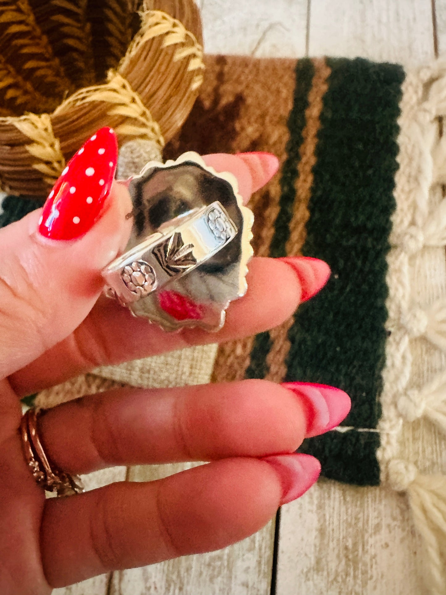 ** Christmas Collection ** Handmade Sterling Silver, Turquoise & Coral Adjustable Ring Signed Nizhoni