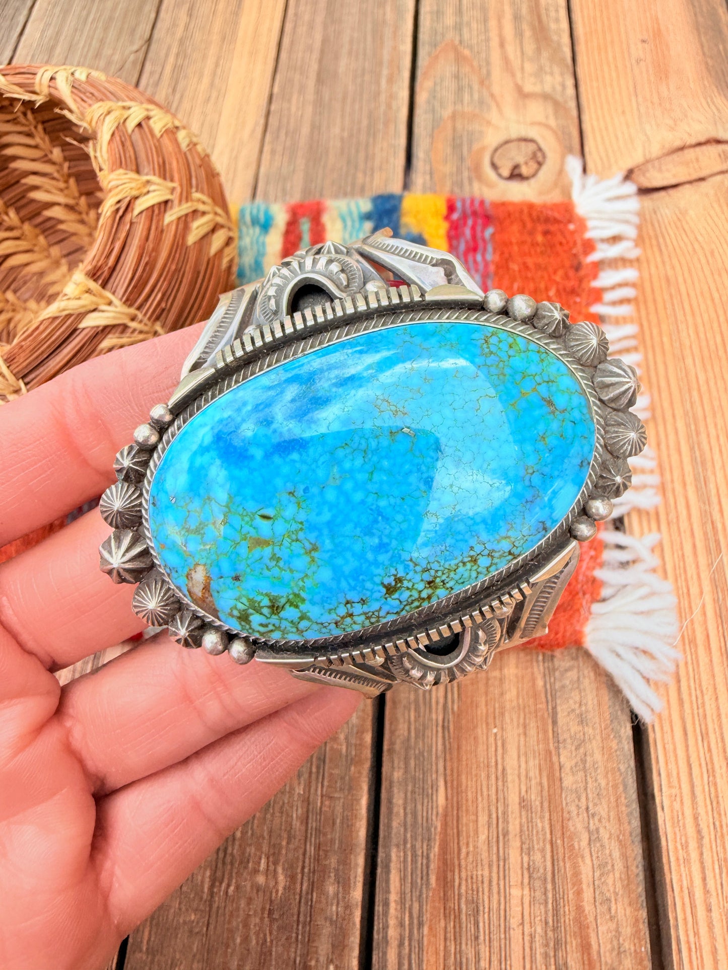 Handcrafted Kingman Web Turquoise & Sterling Silver Cuff Bracelet By Aaron Toadlena