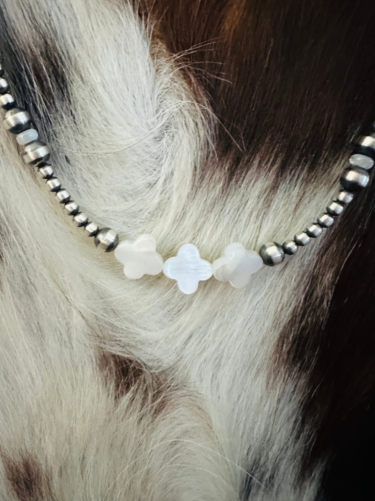 Handcrafted Mother of Pearl & Sterling Silver Pearl 18” Cross Beaded Necklace