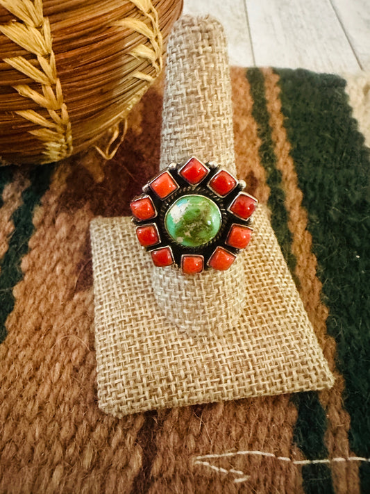 ** Christmas Collection ** Handmade Sterling Silver, Turquoise & Coral Adjustable Ring Signed Nizhoni