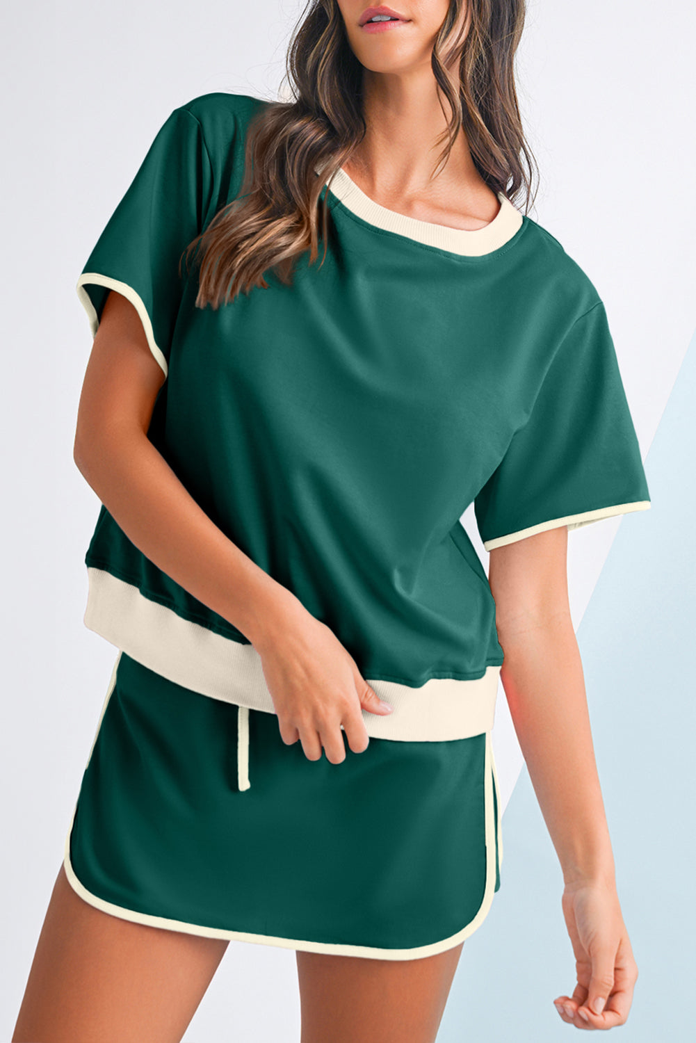 Luxury Colorblock Edge Drop Shoulder T Shirt and Skort Set