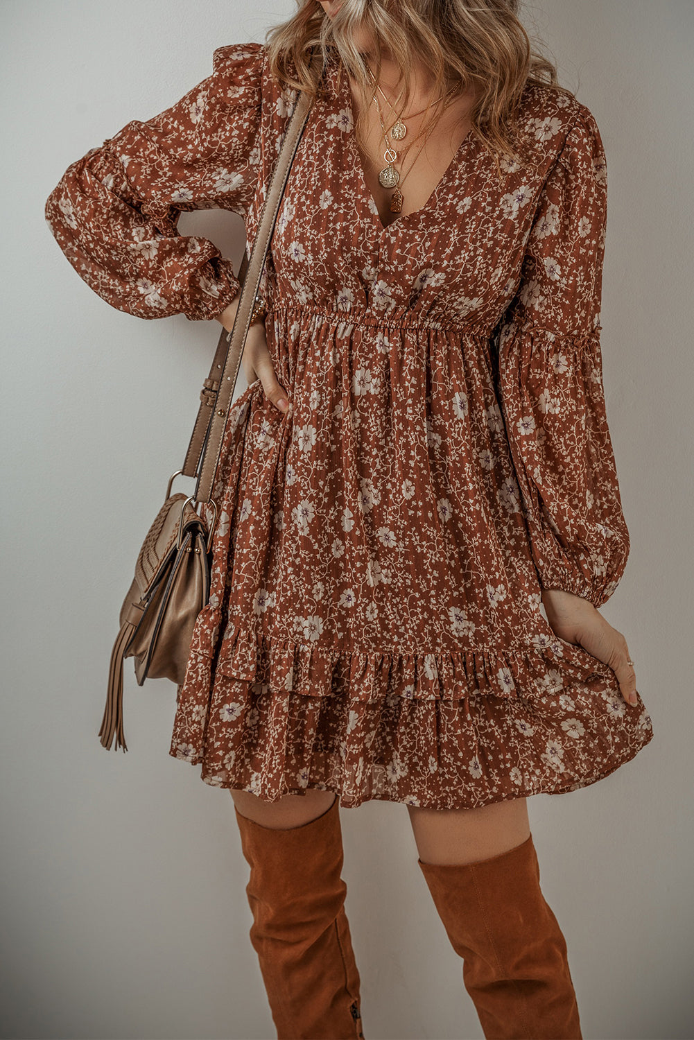 Ashley Boho Floral Puff Sleeve Mini Dress with Ruffles and V Neckline