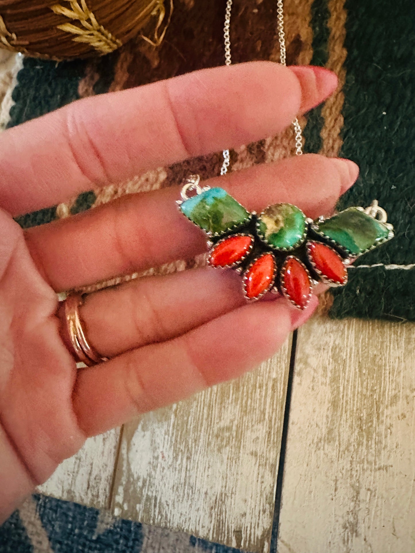 ** Christmas Collection ** Handmade Sterling Silver, Turquoise & Coral Necklace Signed Nizhoni