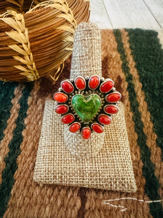 ** Christmas Collection ** Handmade Sterling Silver, Turquoise & Coral Adjustable Ring Signed Nizhoni