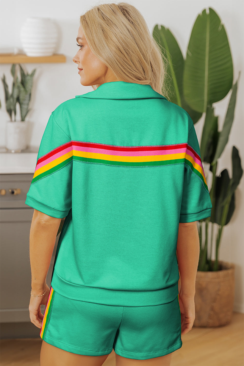 Luxury Rainbow Colorblock Collared Short Sleeve Top 2 Piece Shorts Set