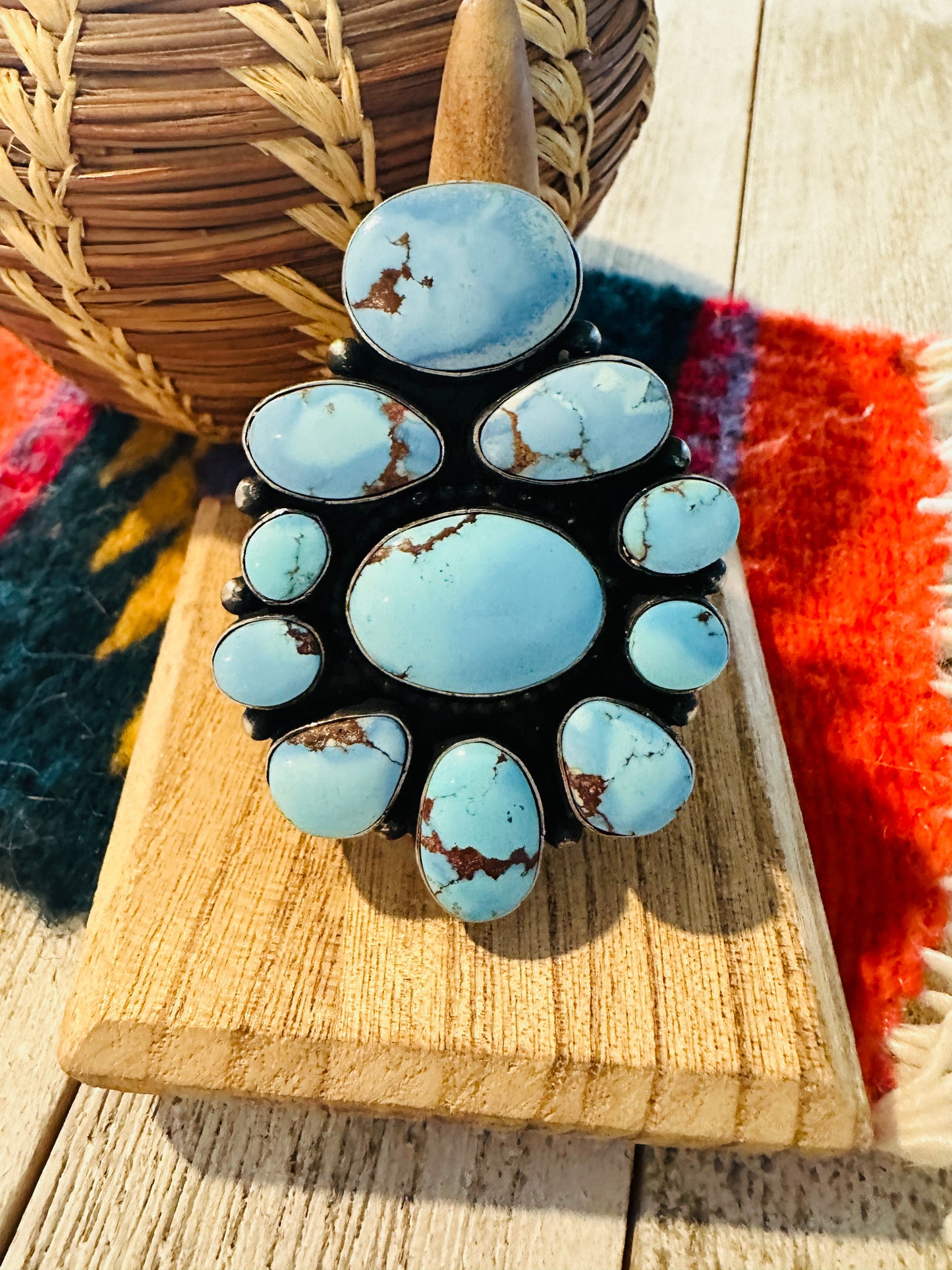 Handcrafted Golden Hills Turquoise & Sterling Silver Cluster Ring Size 8.25 by B. Yellowhorse
