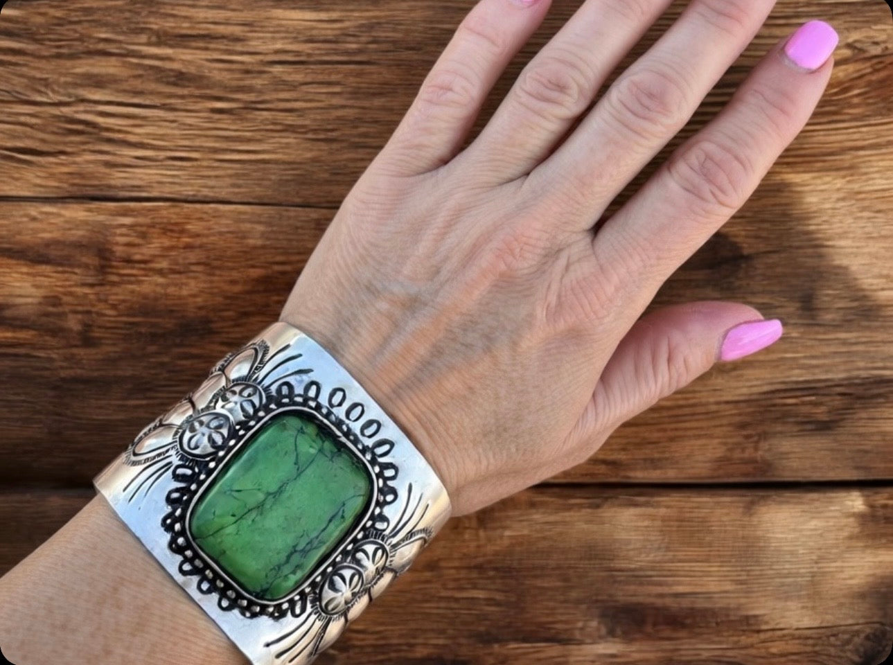 Engraved Silver Plated Cuff Bracelet with Green Stone