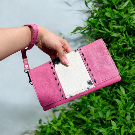 Pink cowhide wristlet