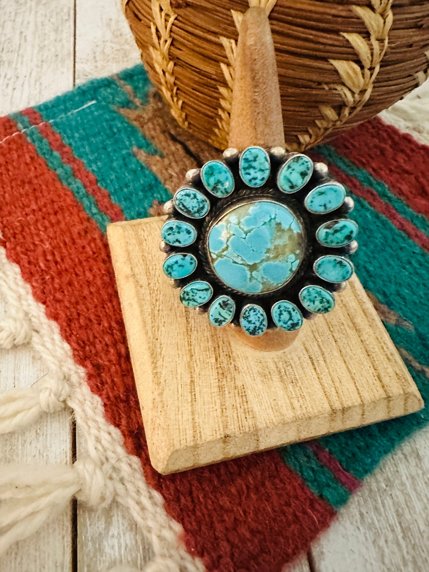 Handcrafted Turquoise & Sterling Silver Cluster Ring Size 7.25 by Blaine Yellowhorse