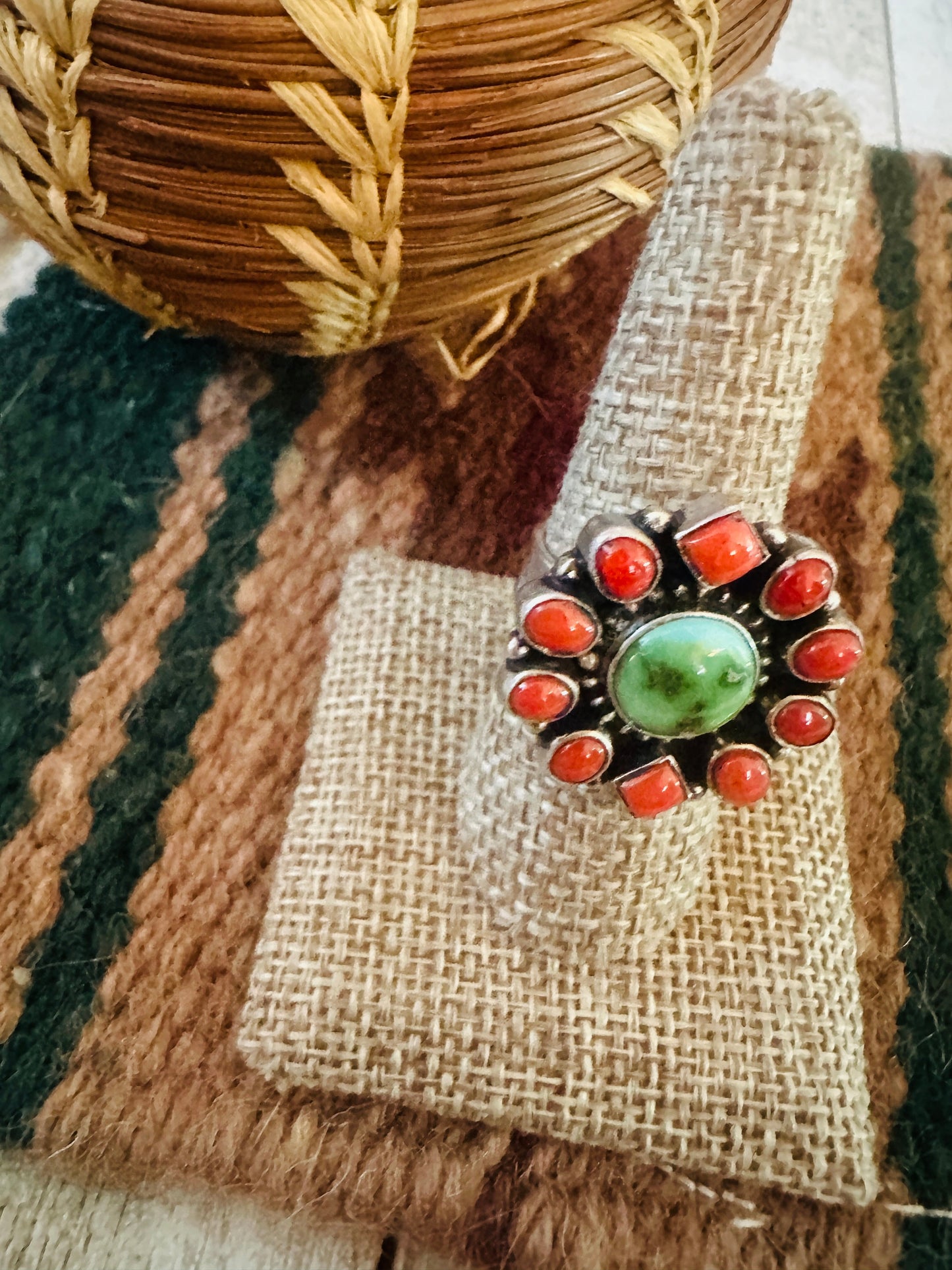 ** Christmas Collection ** Handmade Sterling Silver, Turquoise & Coral Adjustable Ring Signed Nizhoni