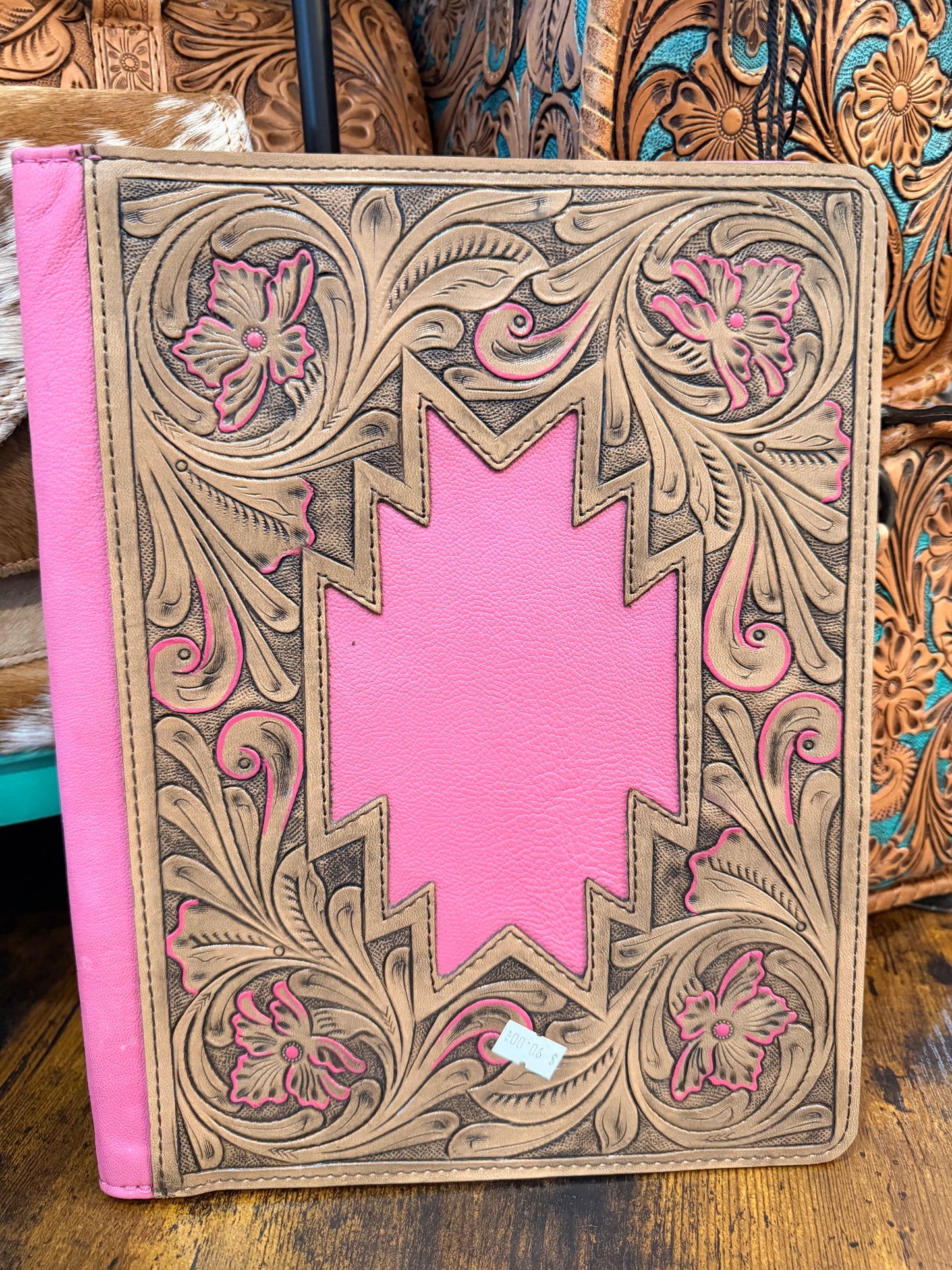 Genuine leather and hand tooled pink portfolio