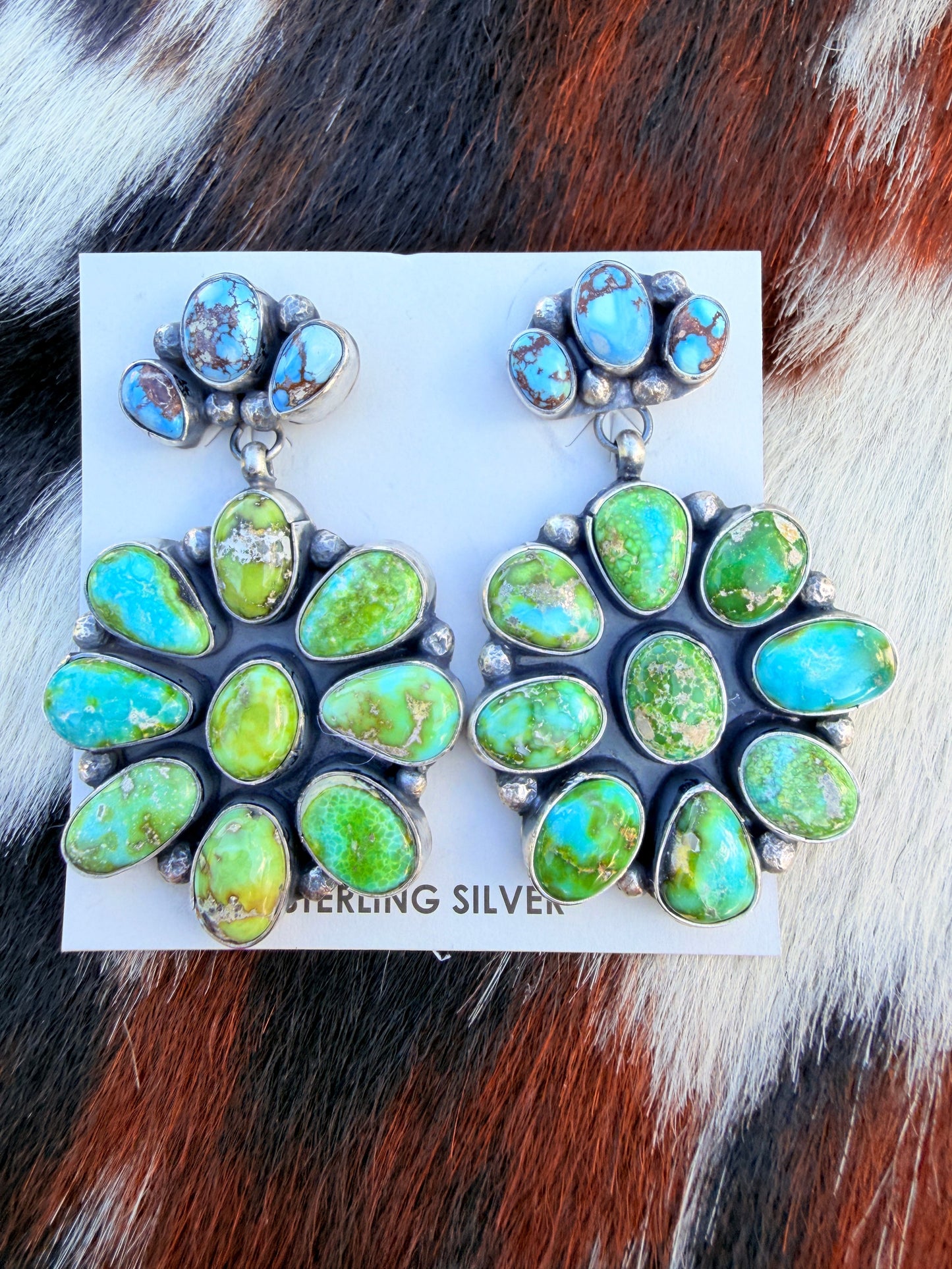 Handcrafted Multi Turquoise & Sterling Silver Cluster Dangle Earrings