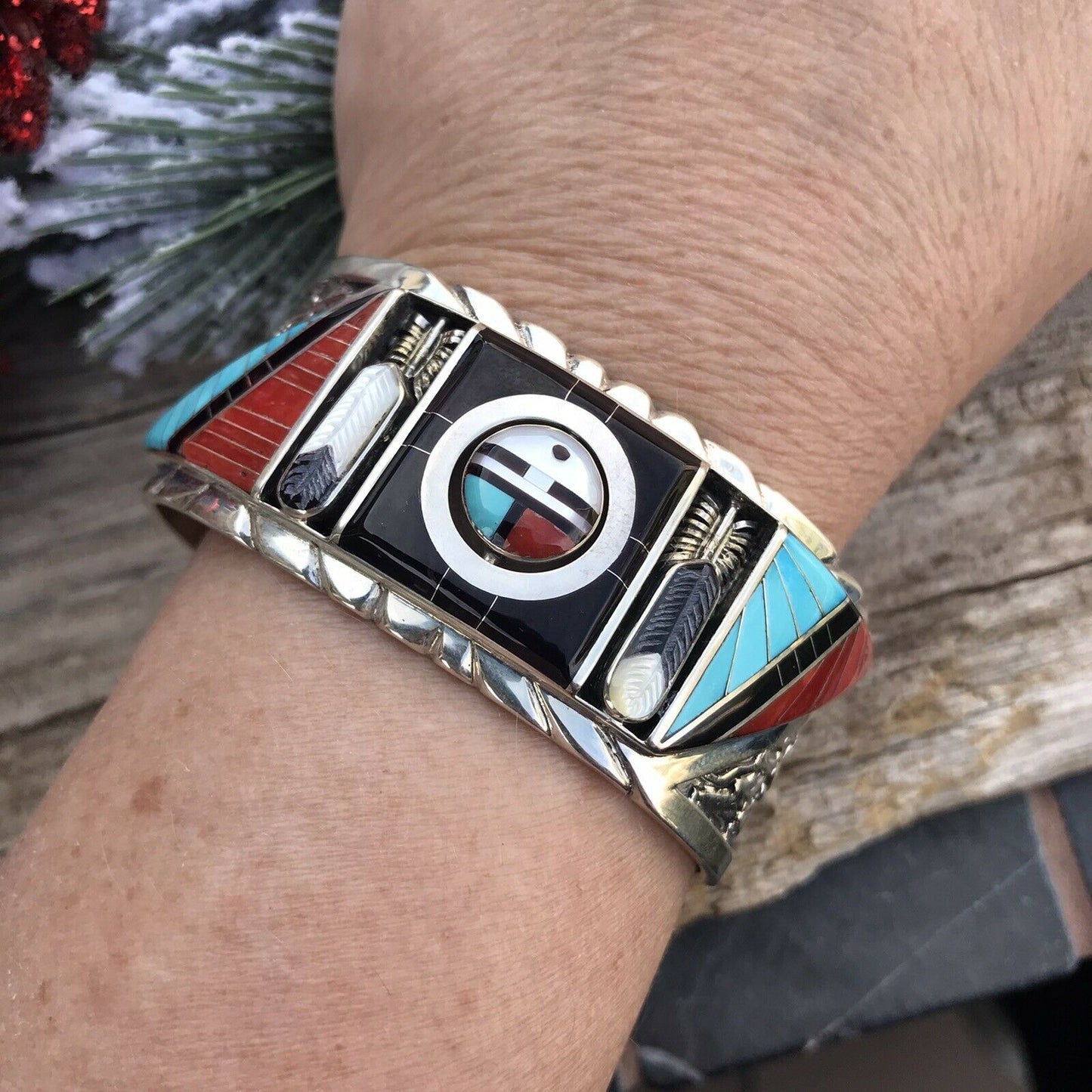Don Dewa Zuni Sterling Silver Multi-stone SunFace Swivel Cuff Bracelet