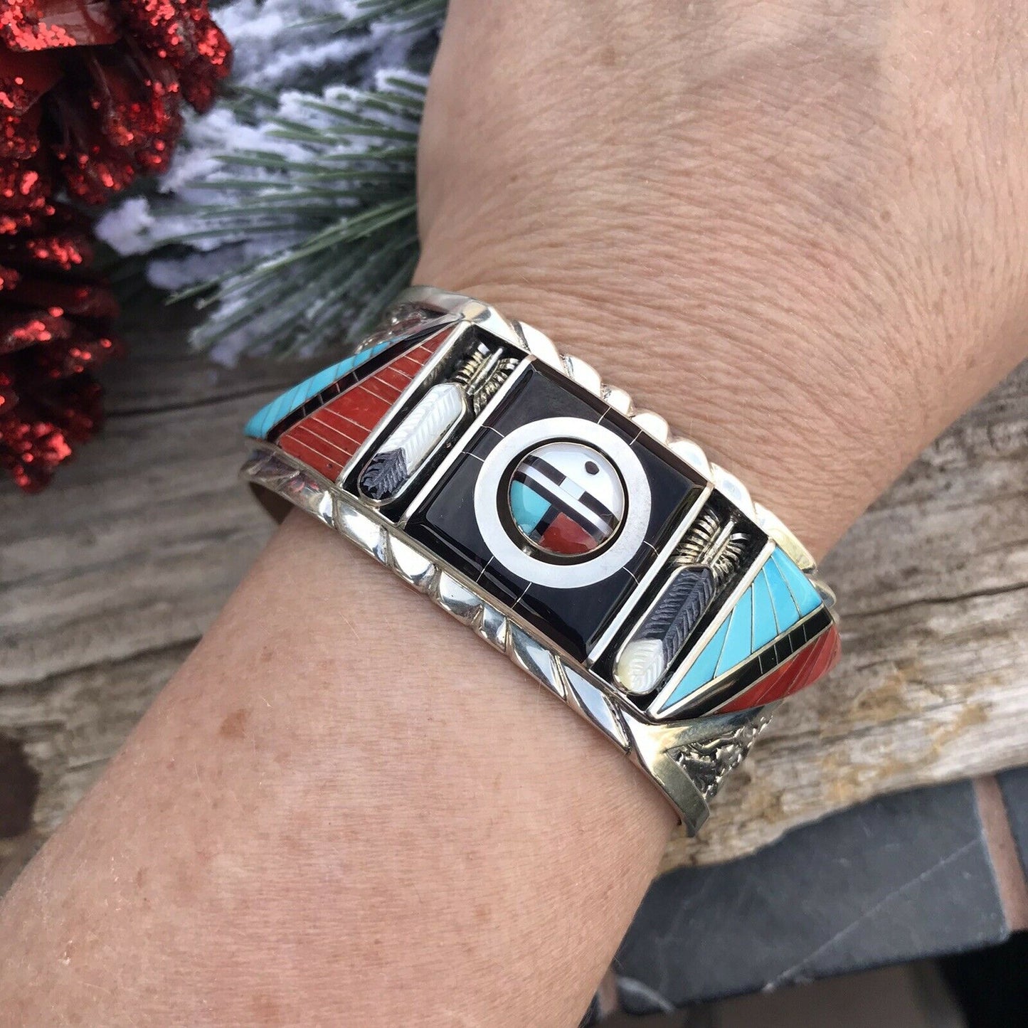 Don Dewa Zuni Sterling Silver Multi-stone SunFace Swivel Cuff Bracelet