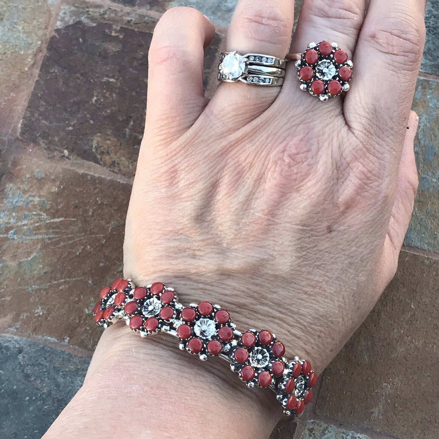 Navajo Coral & Sterling Silver Cuff Bracelet And Ring Set. Signed And Stamped