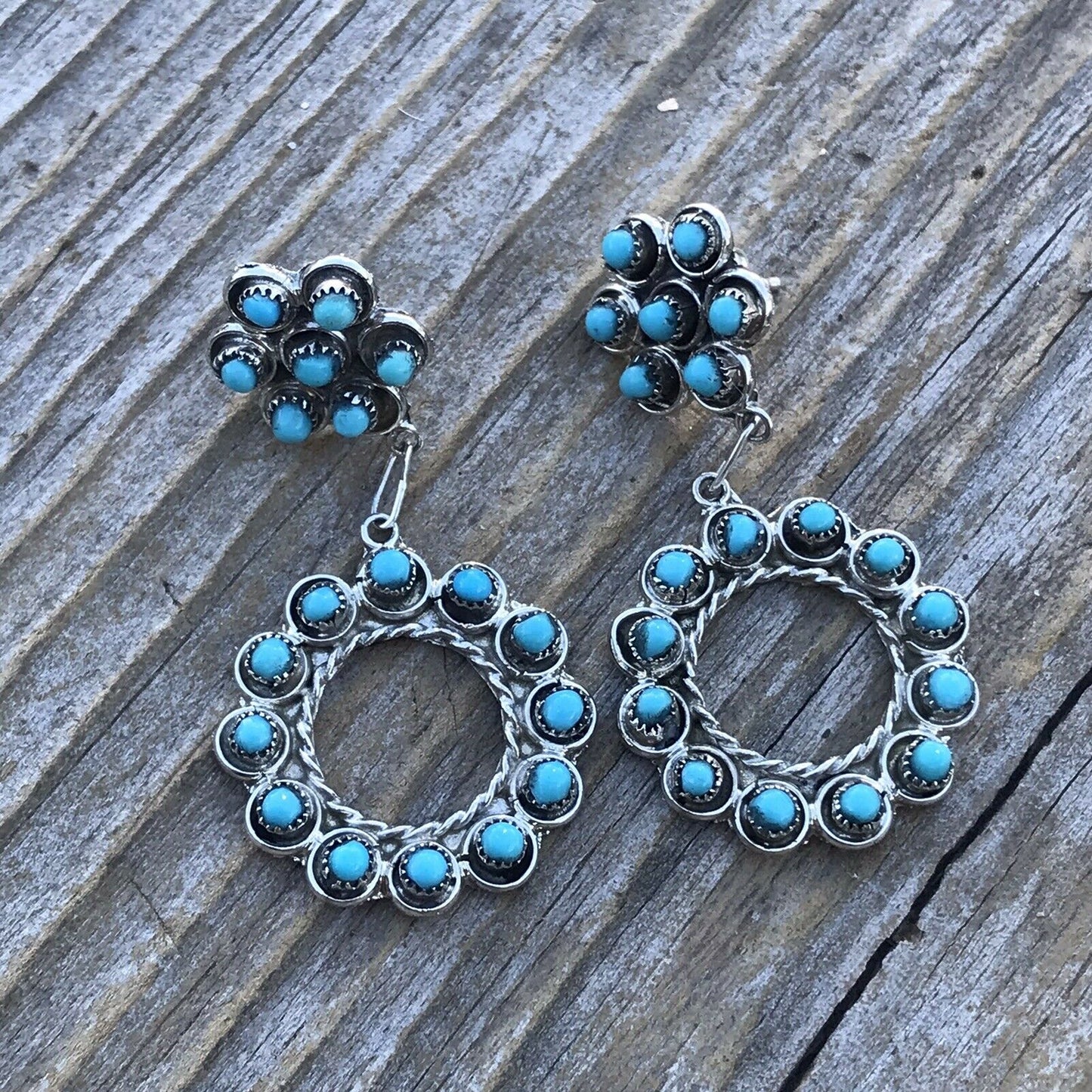 Navajo Turquoise Silver Petit Point Dangle Earrings
