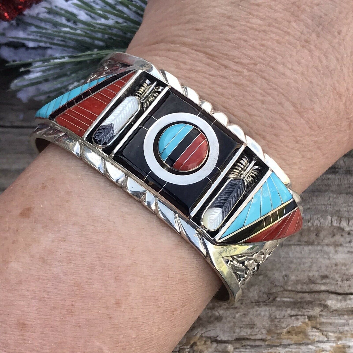 Don Dewa Zuni Sterling Silver Multi-stone SunFace Swivel Cuff Bracelet