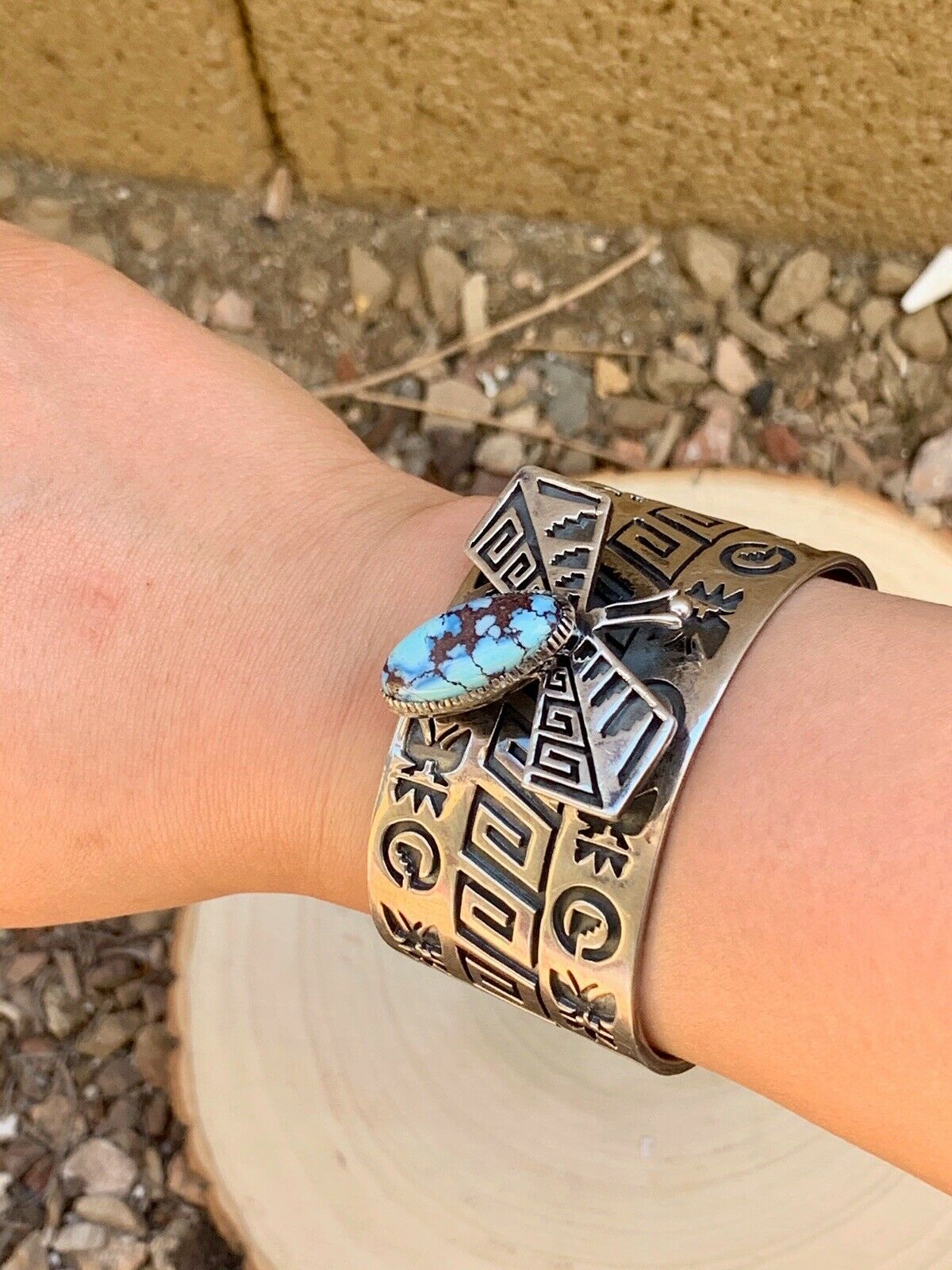 Navajo Sterling Silver & Golden Hills Turquoise Dragonfly Cuff  Bracelet, Signed RB