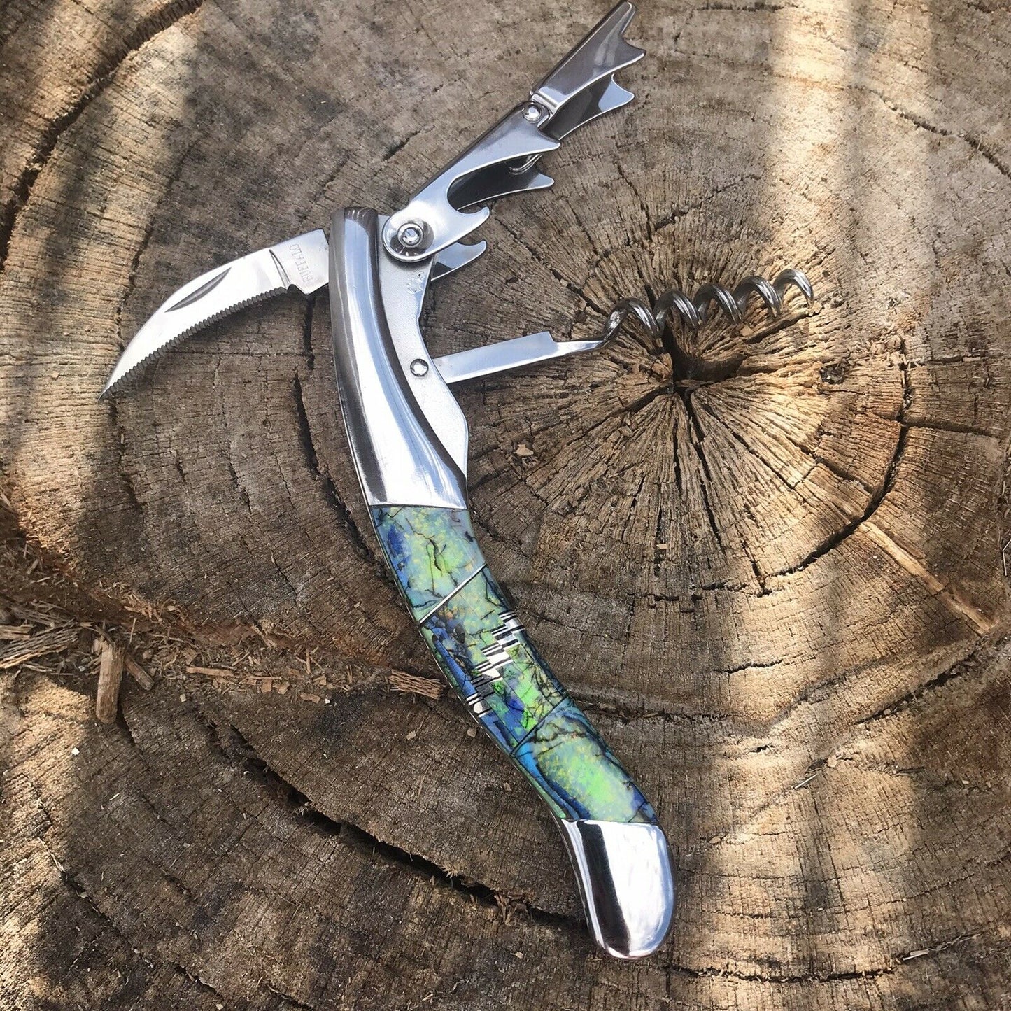 Fire Opal Inlay Stainless Steel Southwestern Style Multi Tool Wine Opener