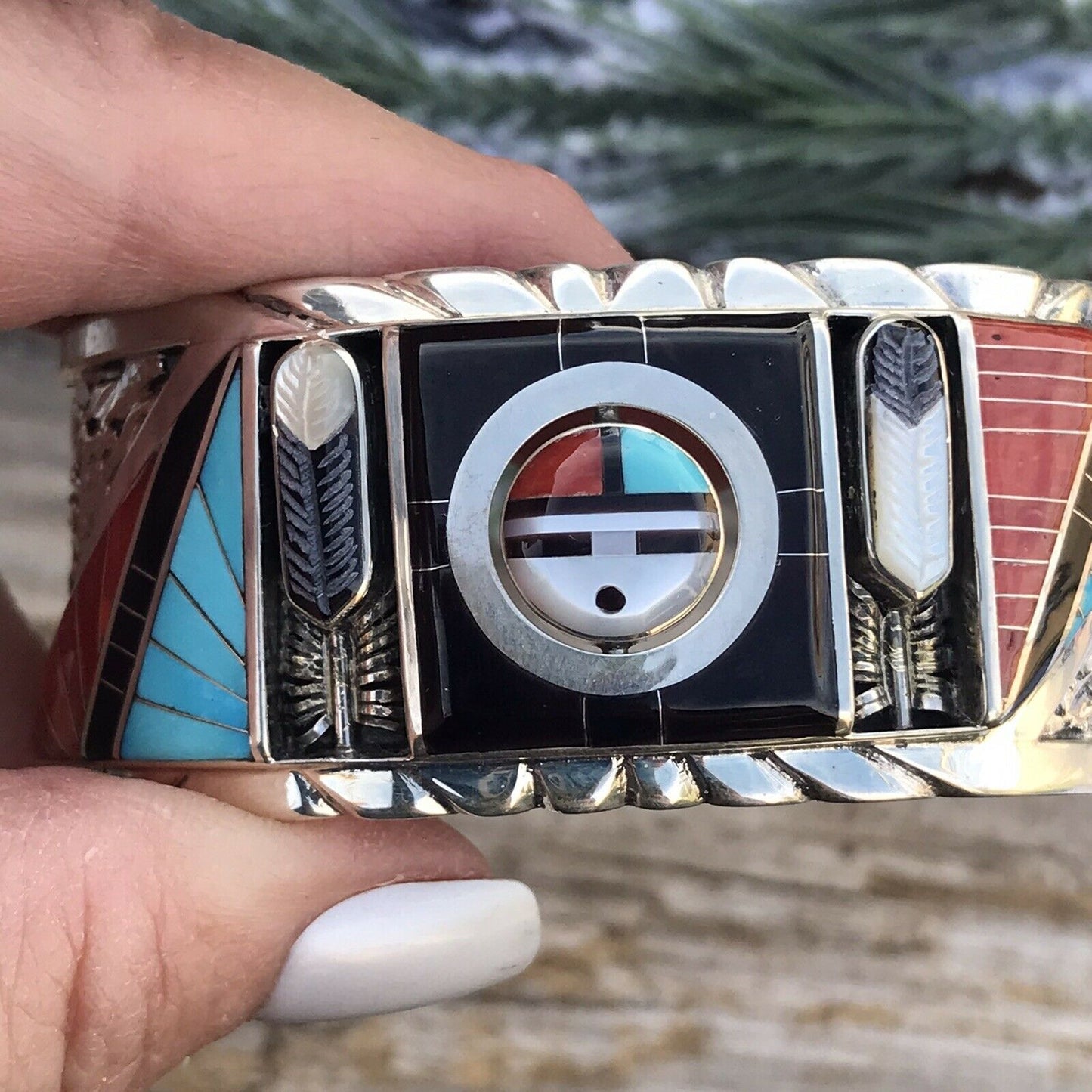 Don Dewa Zuni Sterling Silver Multi-stone SunFace Swivel Cuff Bracelet