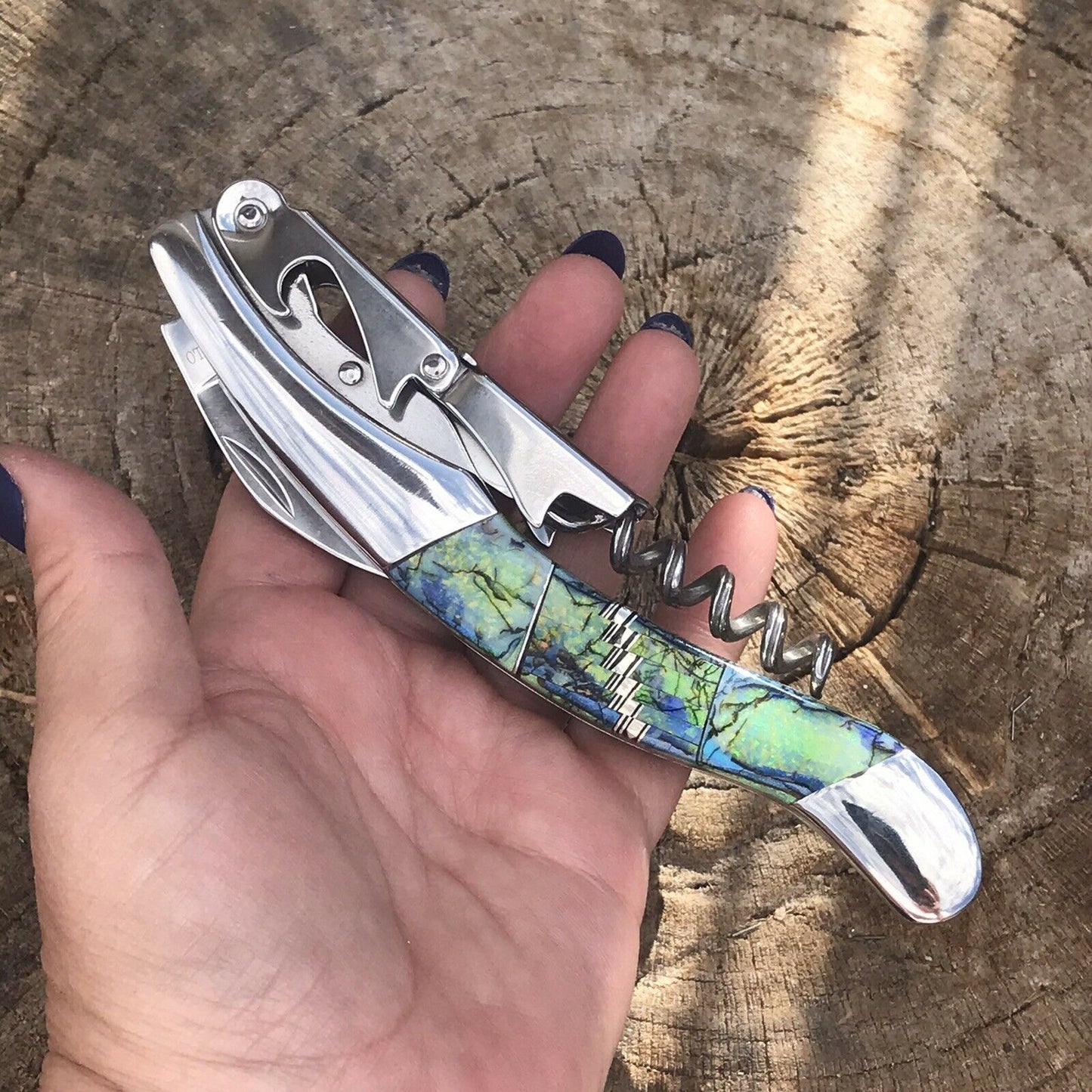 Fire Opal Inlay Stainless Steel Southwestern Style Multi Tool Wine Opener