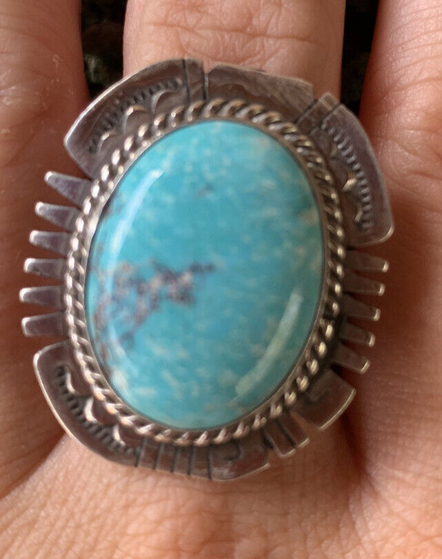 Navajo Kingman Turquoise Stamped Sterling Silver  Signed Statement Ring
