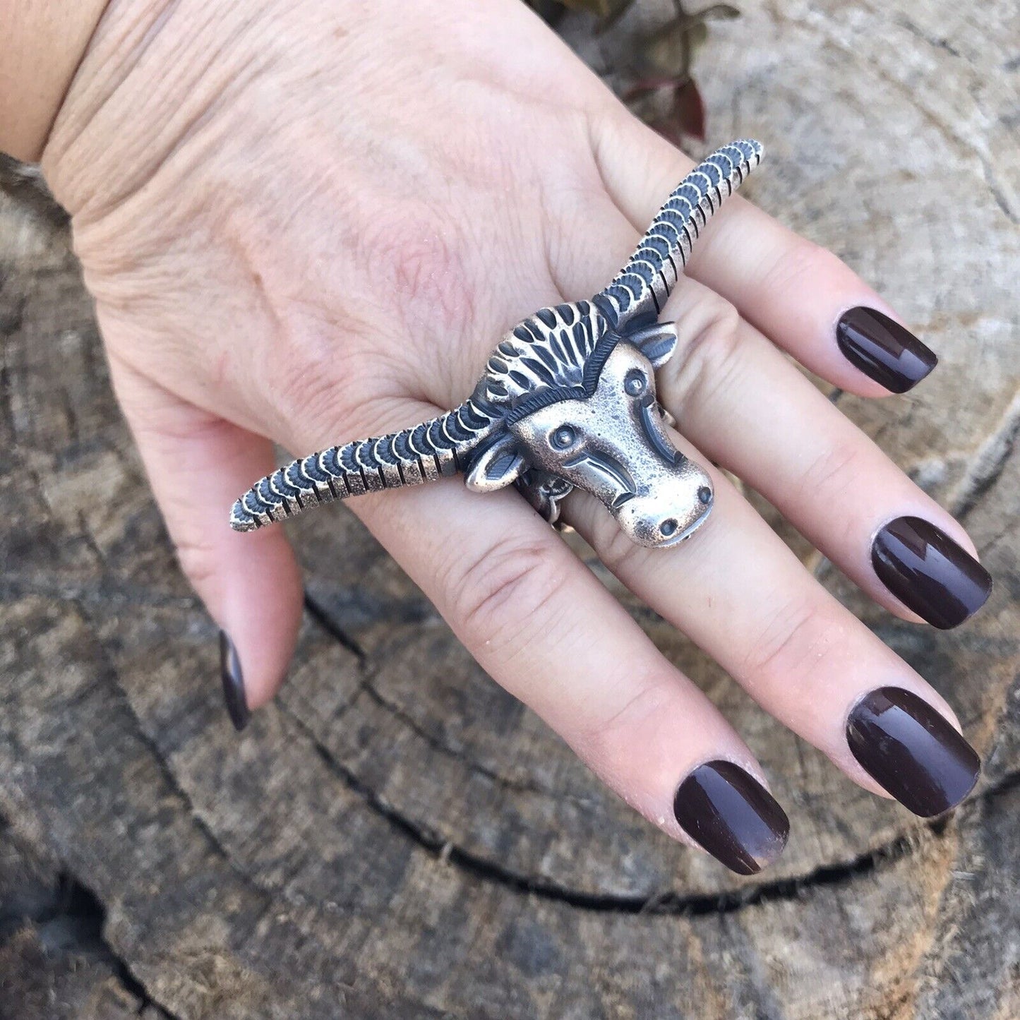 Navajo Sterling Silver Longhorn Cattle Steer Head Statement Ring