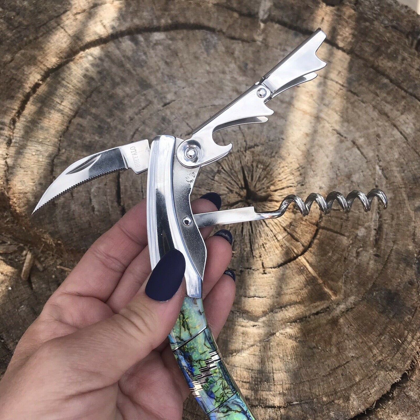 Fire Opal Inlay Stainless Steel Southwestern Style Multi Tool Wine Opener