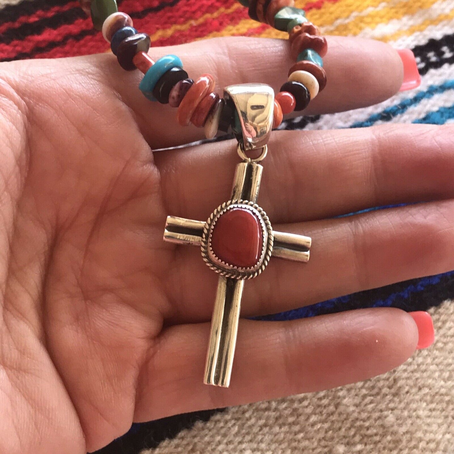 Navajo Sterling Silver Natural Red Coral Statement Cross Pendant Signed