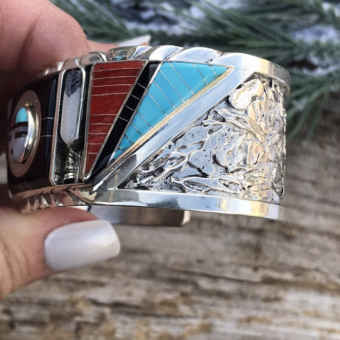 Don Dewa Zuni Sterling Silver Multi-stone SunFace Swivel Cuff Bracelet