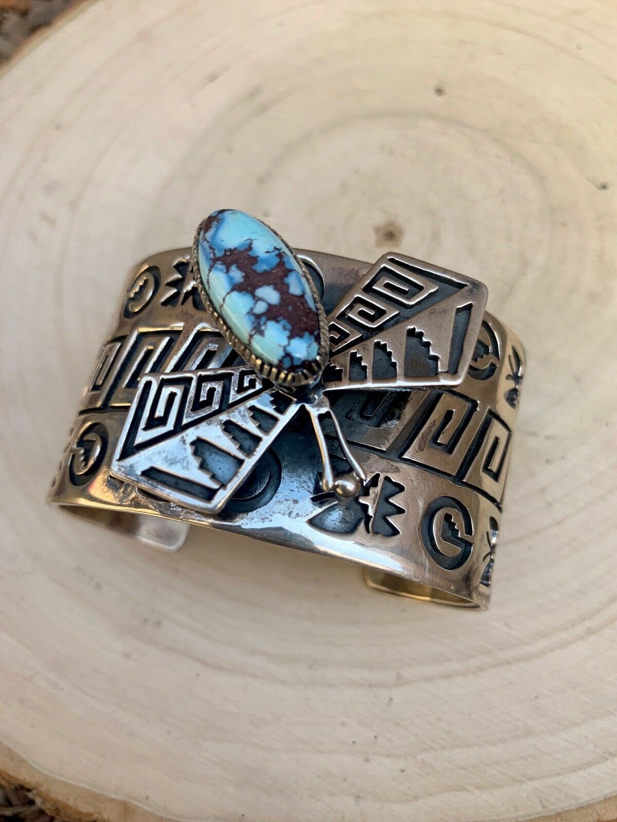 Navajo Sterling Silver & Golden Hills Turquoise Dragonfly Cuff  Bracelet, Signed RB