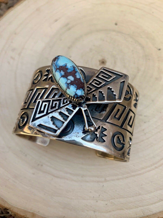 Navajo Sterling Silver & Golden Hills Turquoise Dragonfly Cuff  Bracelet, Signed RB