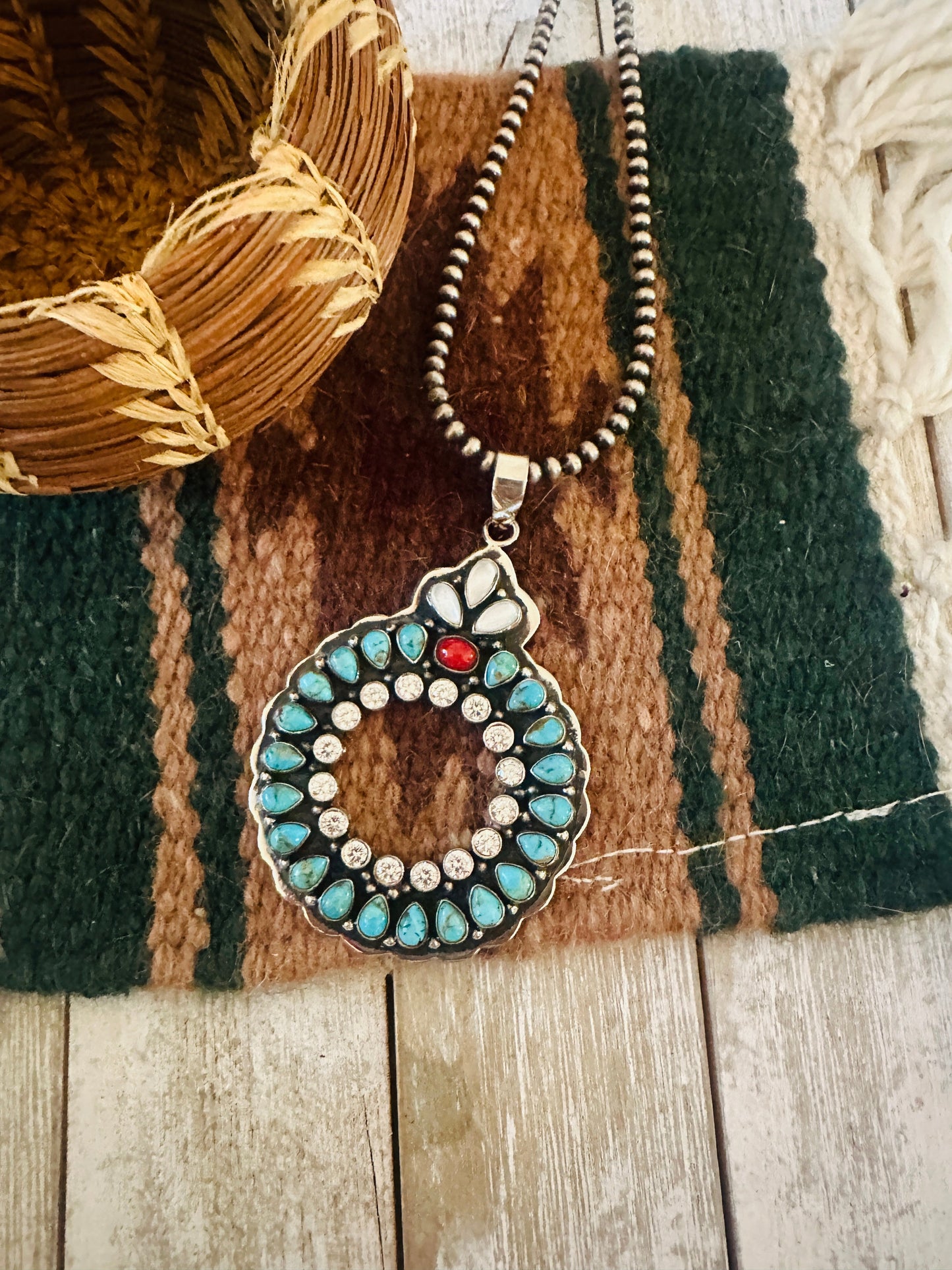 ** Christmas Collection ** Handmade Sterling Silver, Turquoise, Coral & CZ Wreath Pendant Signed Nizhoni