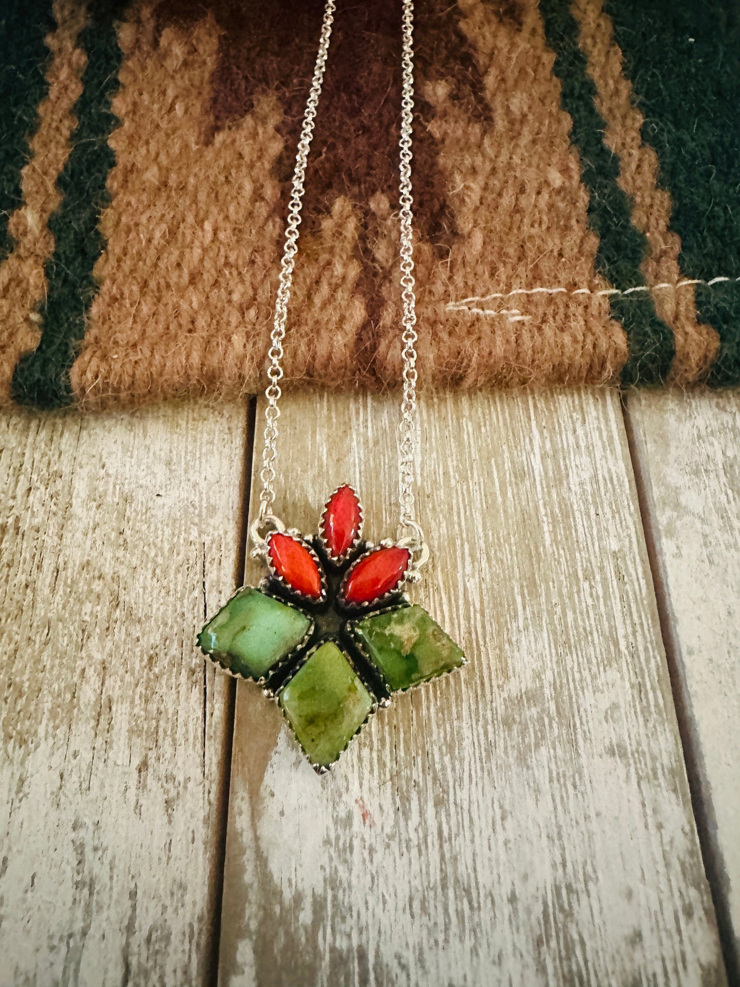 ** Christmas Collection ** Handmade Sterling Silver, Turquoise & Coral Necklace Signed Nizhoni