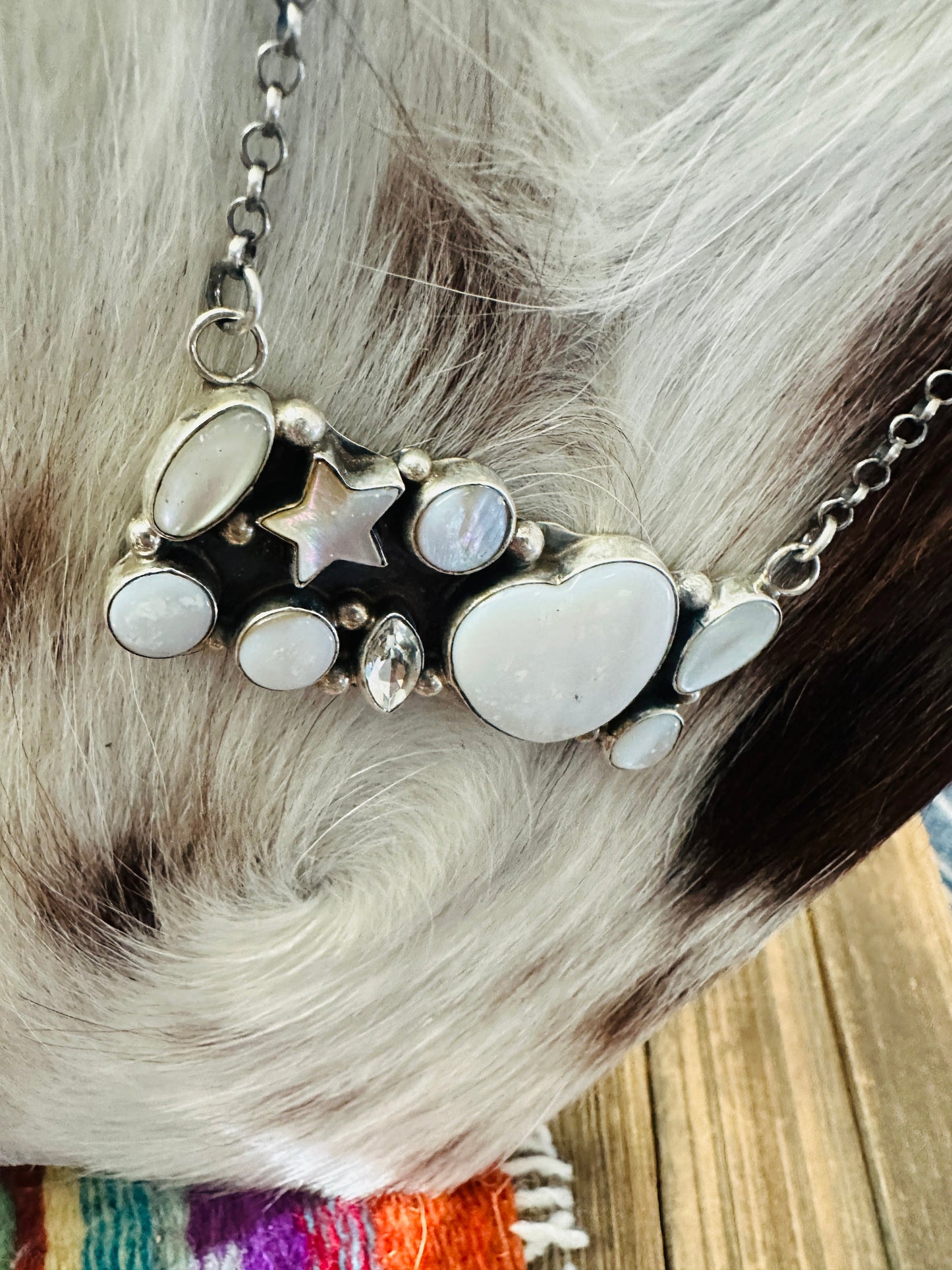 Handcrafted Mother of Pearl, CZ & Sterling Silver Bar Necklace by Jacqueline Silver