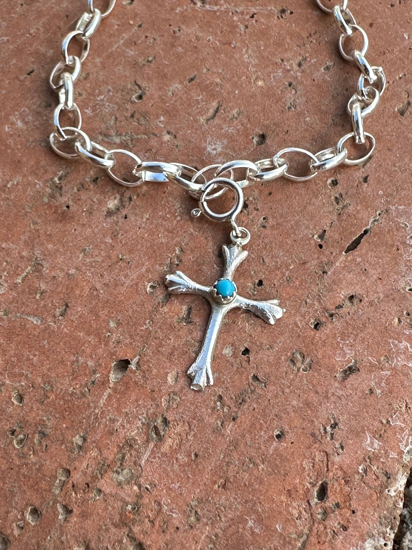 Handcrafted  Sterling Silver and Turquoise Hand Stamped Cross charm