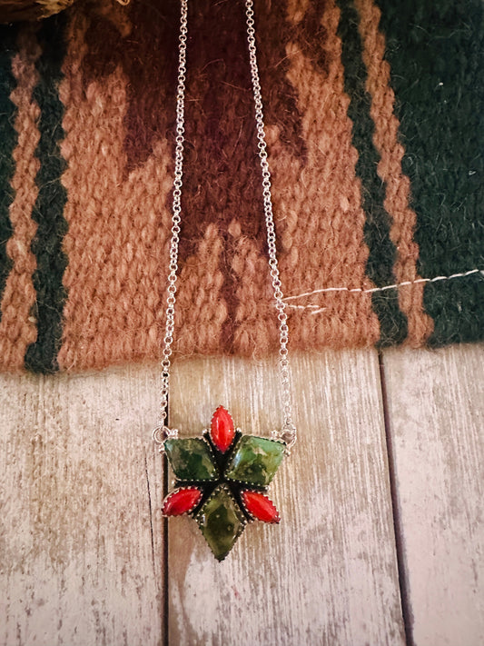 ** Christmas Collection ** Handmade Sterling Silver, Turquoise & Coral Necklace Signed Nizhoni