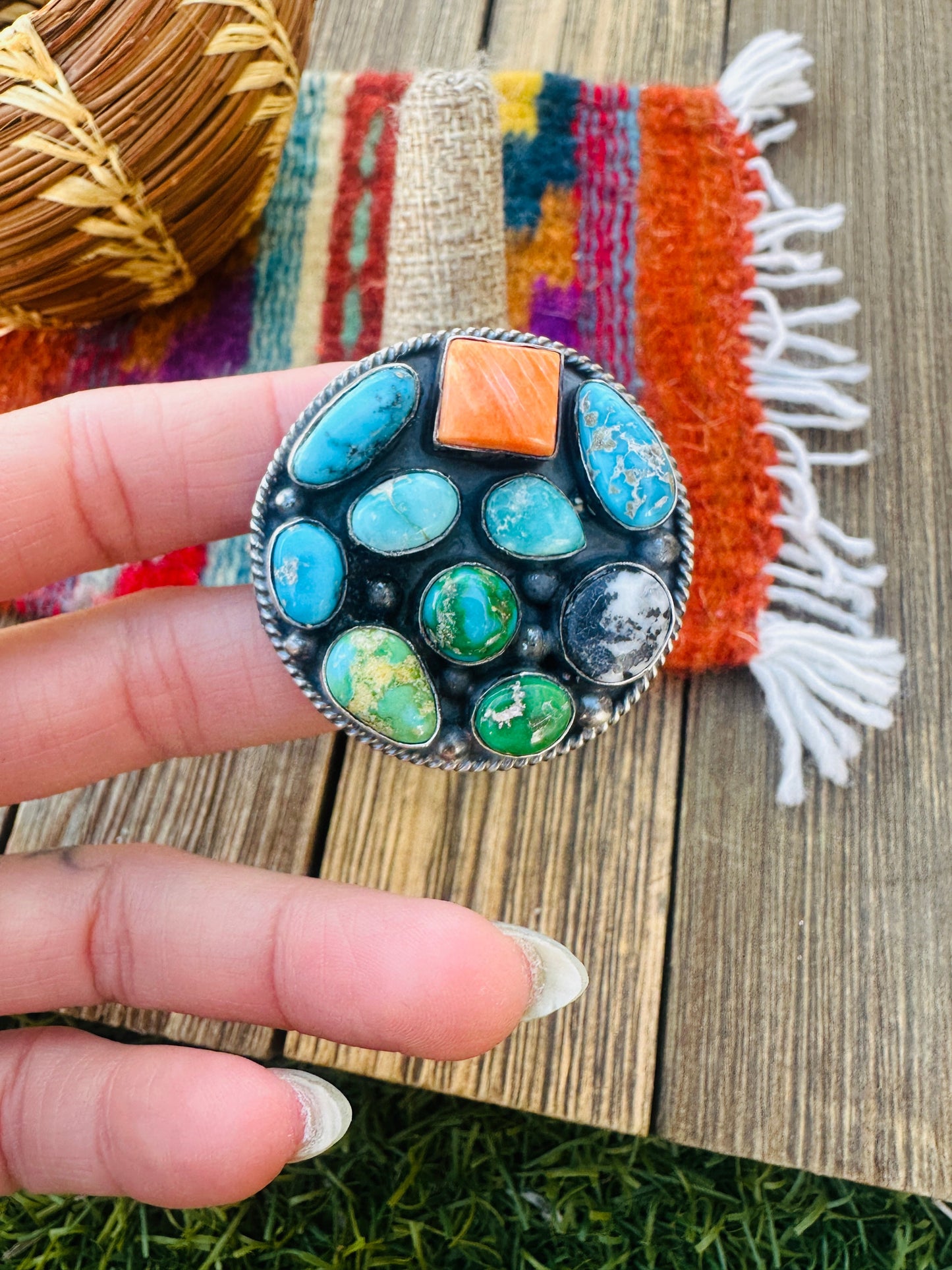 Handcrafted Sterling Silver & Multi Stone Cluster Adjustable Ring by Vicky Hicks