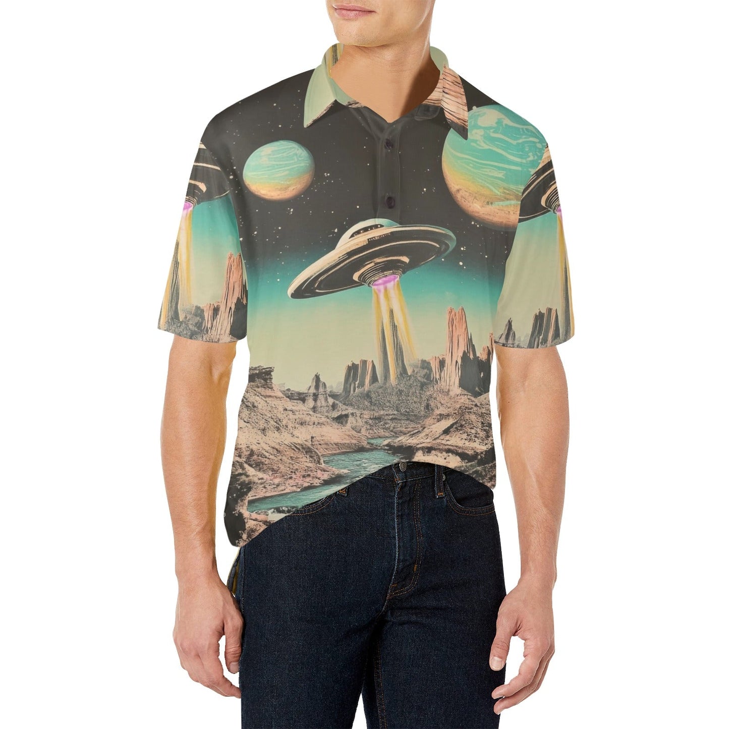 Baha Ranch Retro Pop Western Space Cowboy Polo Shirt