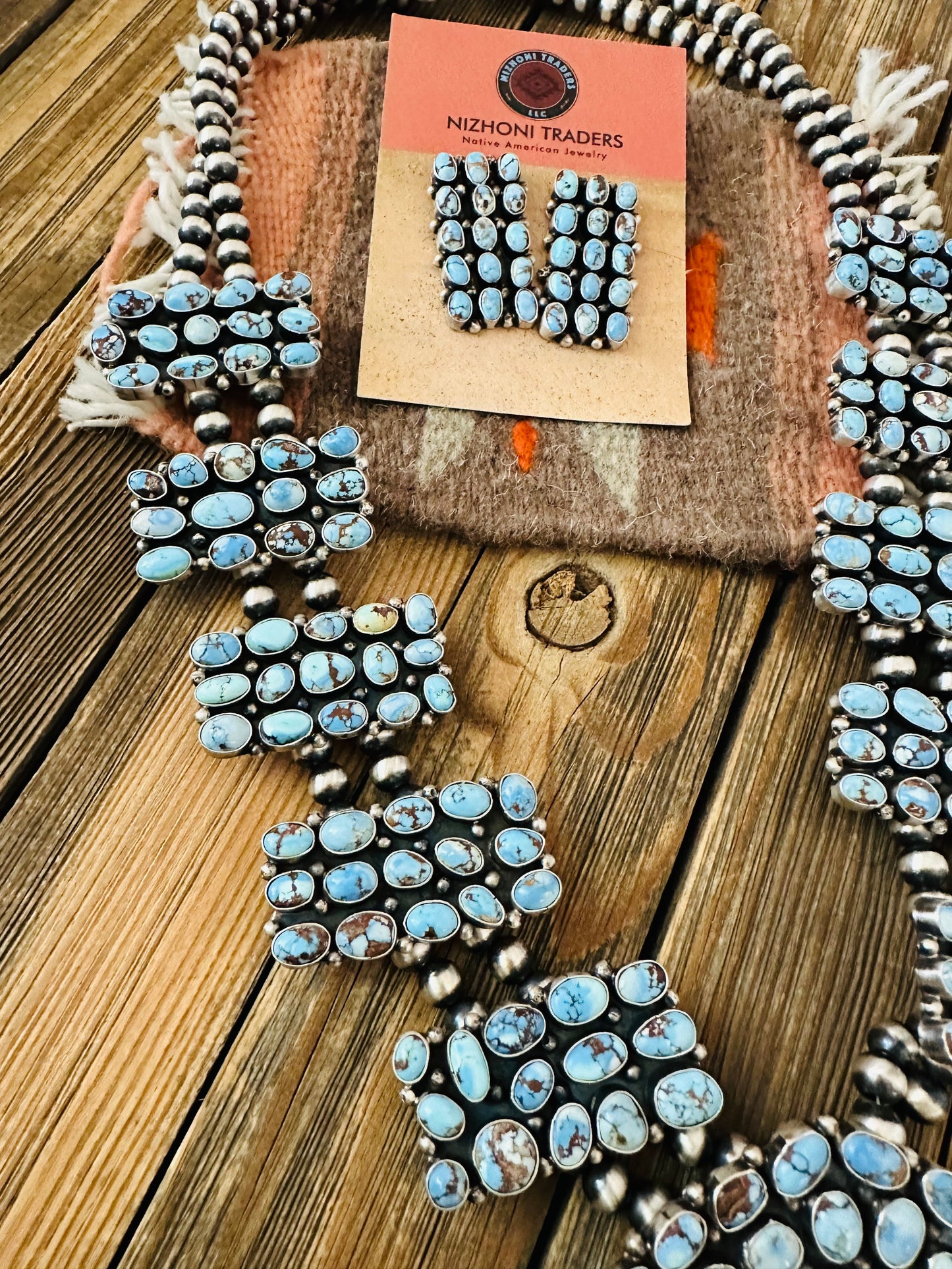 Handcrafted Golden Hills Turquoise & Sterling Silver Squash Blossom Necklace Set by B. Yellowhorse