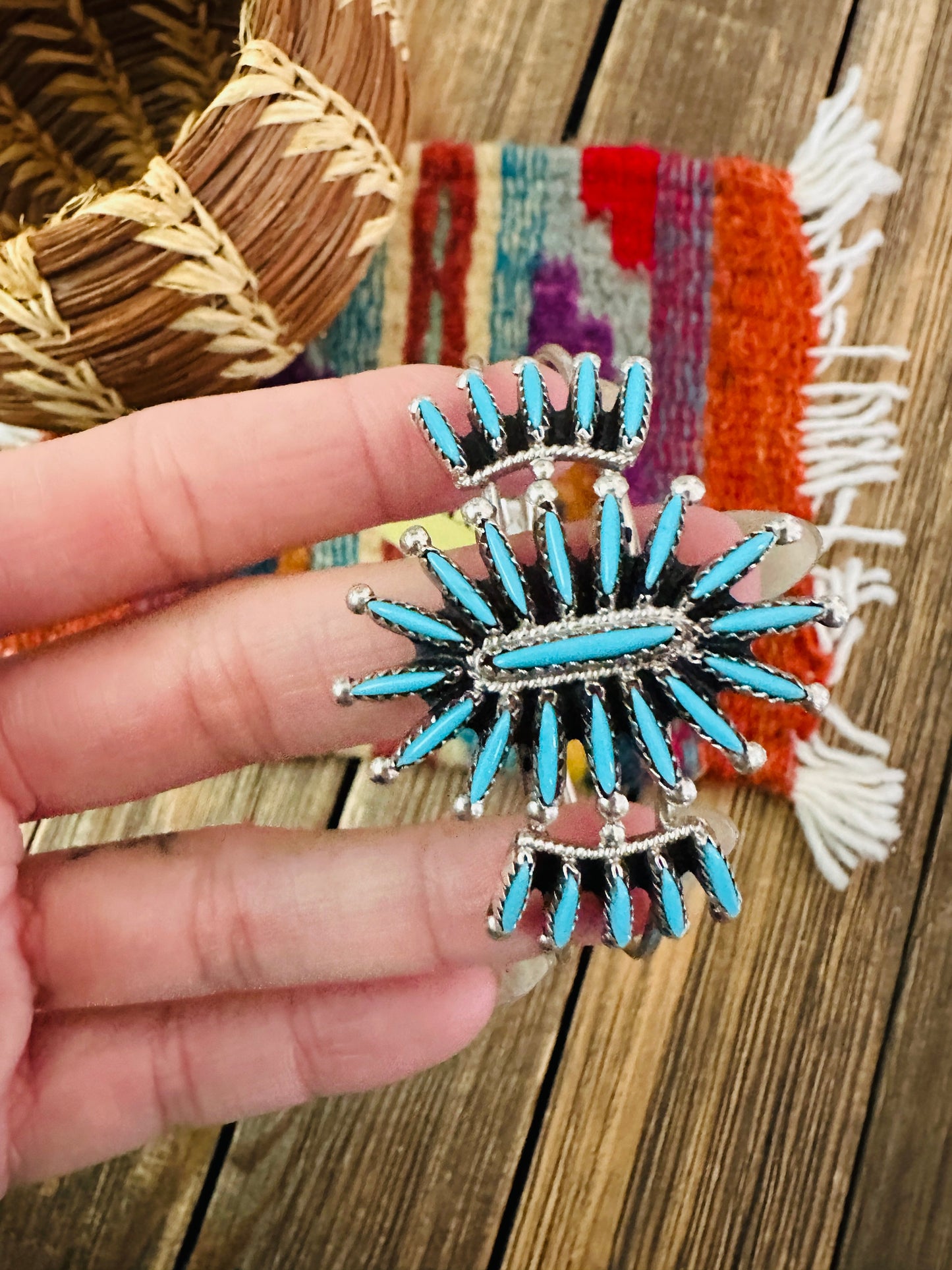 Handcrafted Old Pawn Sterling Silver & Turquoise Needlepoint Cuff Bracelet