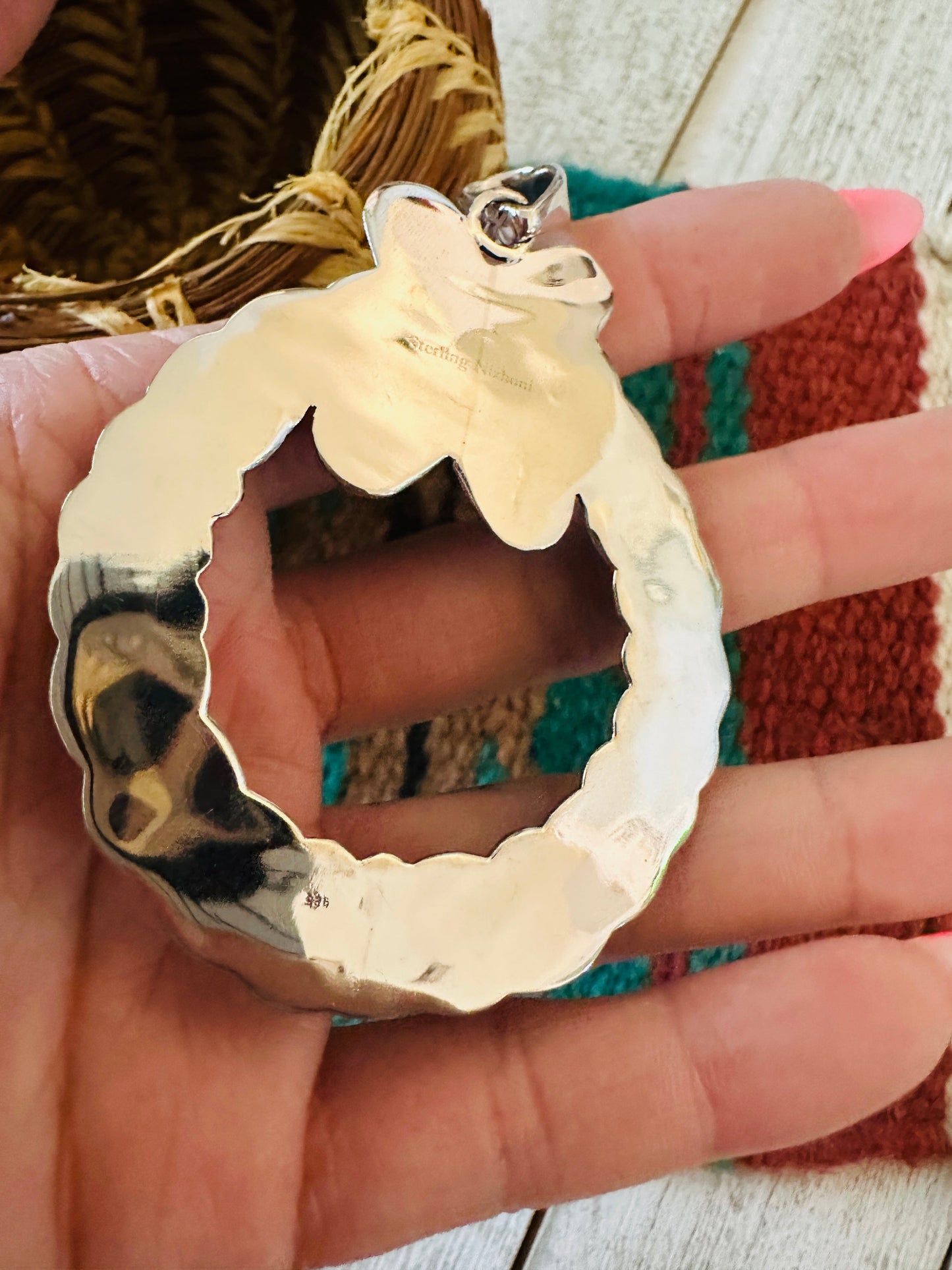 ** Christmas Collection ** Handmade Sterling Silver, Turquoise, Coral & CZ Wreath Pendant Signed Nizhoni