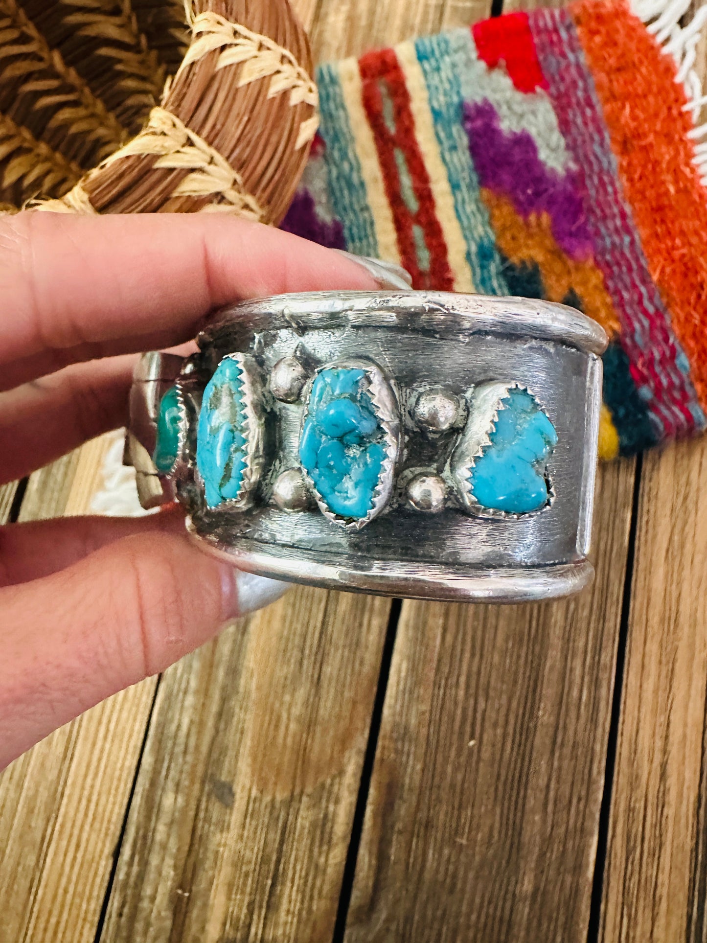 Handcrafted Old Pawn Turquoise & Sterling Silver Watch Cuff Bracelet